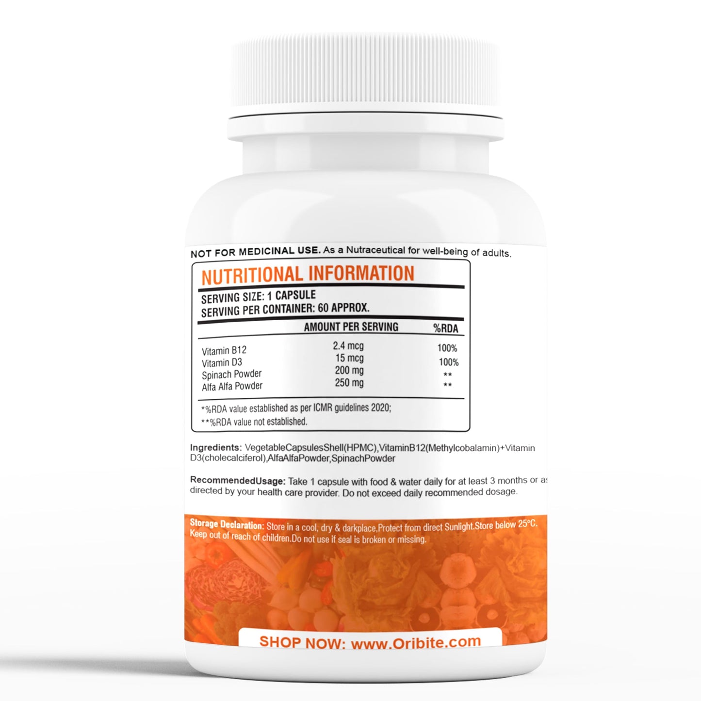 ORIBITE Vitamin B12 + D3 Supplement Capsule, 60 Count