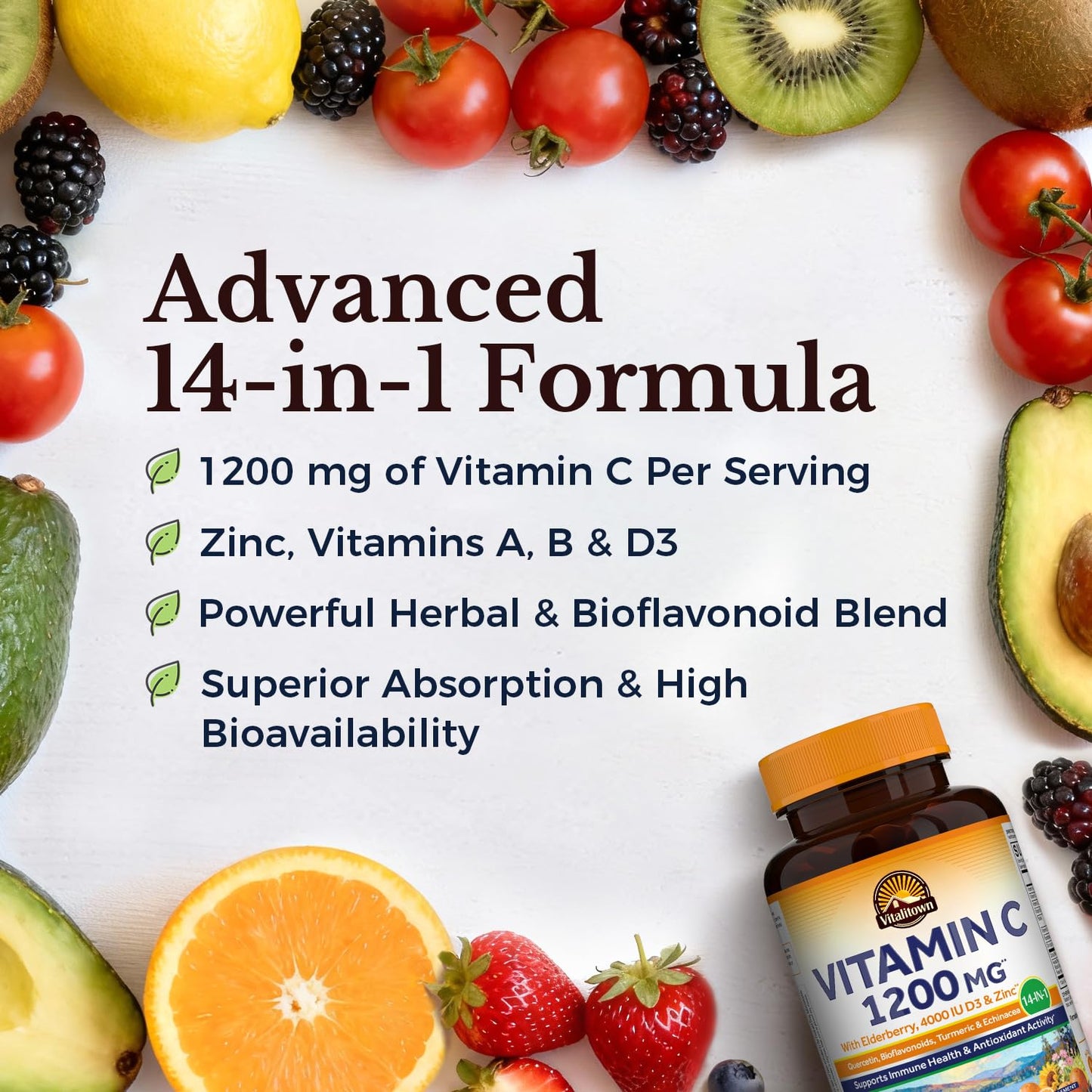Vitalitown Vitamin C Complex 1200mg with Elderberry, Vitamin D3, Zinc, Quercetin, Rose Hips, Bioflavonoids, Turmeric & Echinacea Tablets, 120 Count