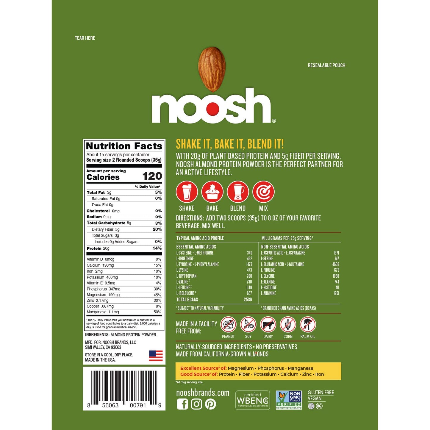 NOOSH Plant Based Almond Protein Powder Unflavored 18.4 oz