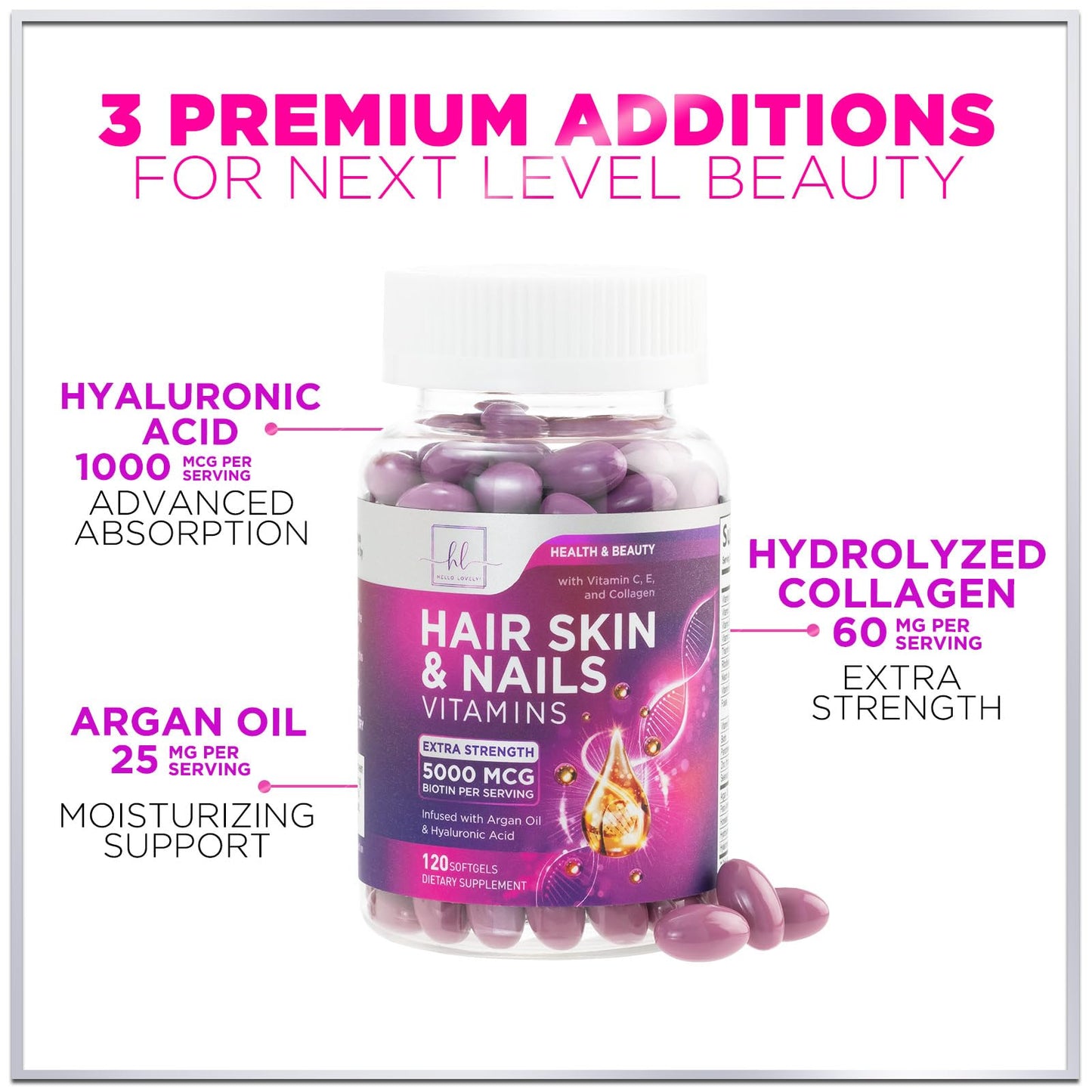 Hello Lovely! Hair Vitamins for Women for Hair Growth - Argan-Infused Supplement with Collagen, Biotin and Hyaluronic Acid Softgels 120