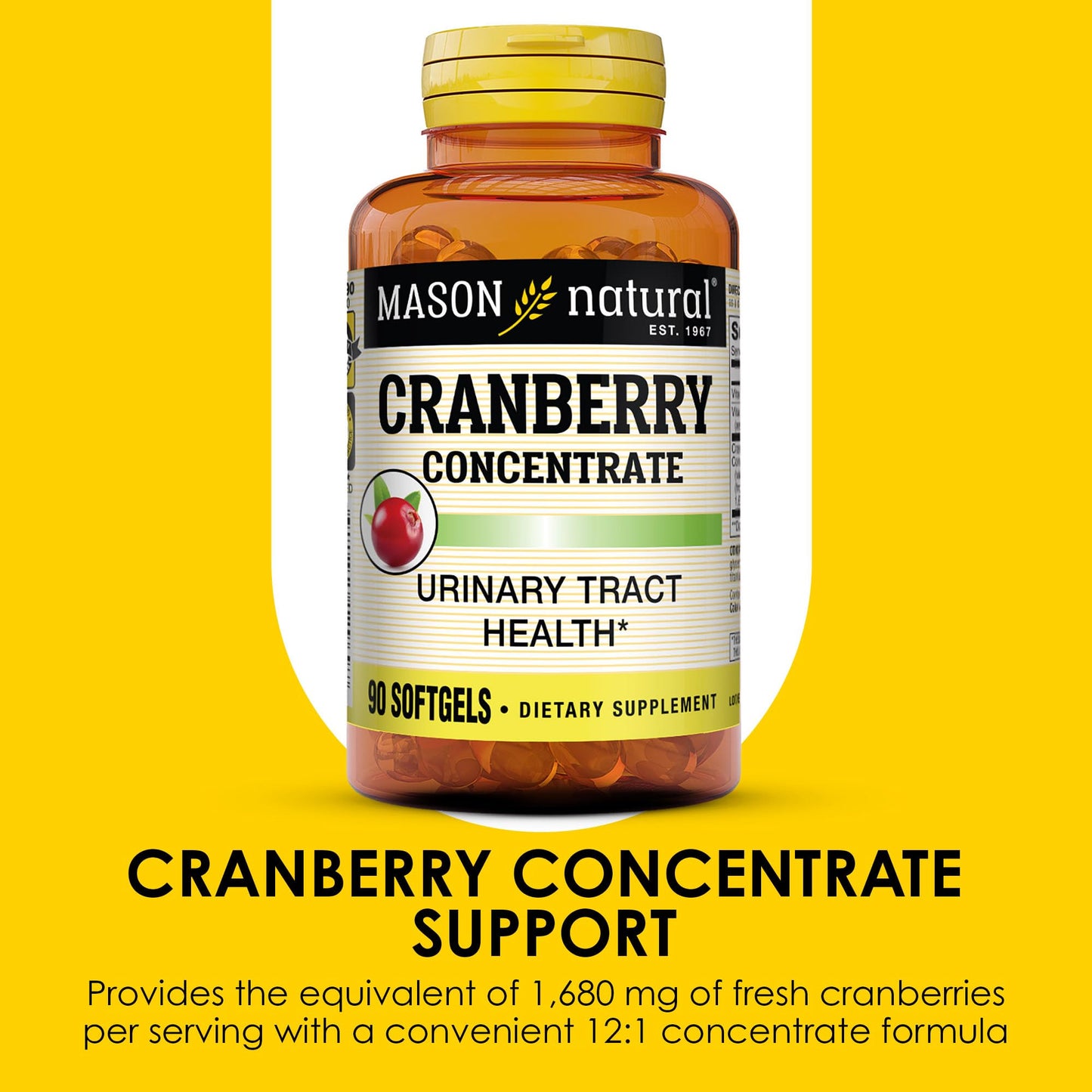 Mason Natural Cranberry 12:1 Concentrate with Vitamin C & E, Supports Immune & Urinary Health, 90 Softgels
