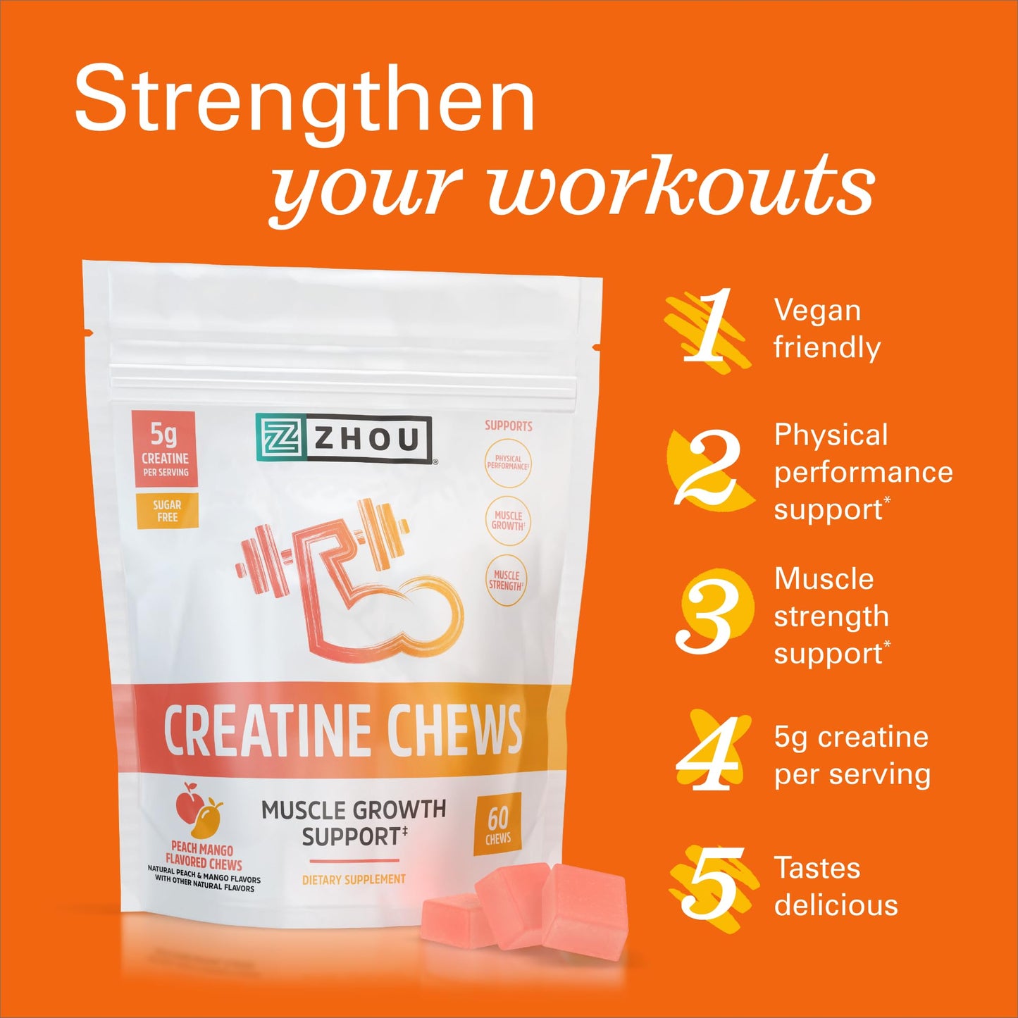 ZHOU Creatine Monohydrate Chews, Chewable, 60 Chews