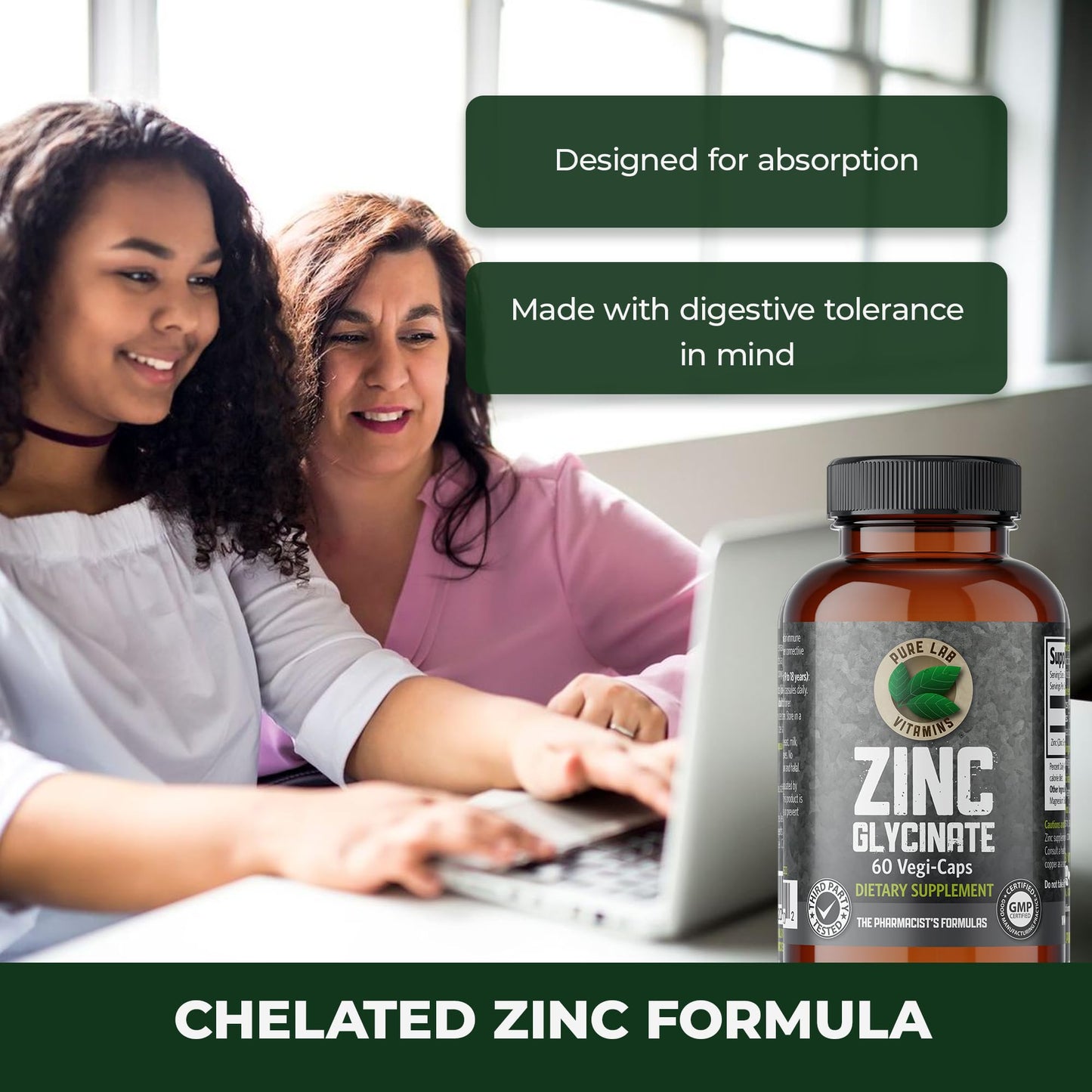 Pure Lab Vitamins Zinc Glycinate Capsules, 60 Count