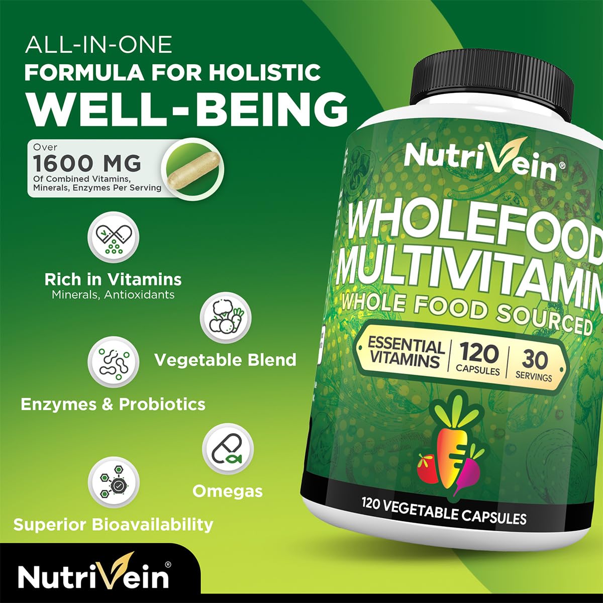 Nutrivein Whole Food Multivitamin for Men & Women 120 Capsules