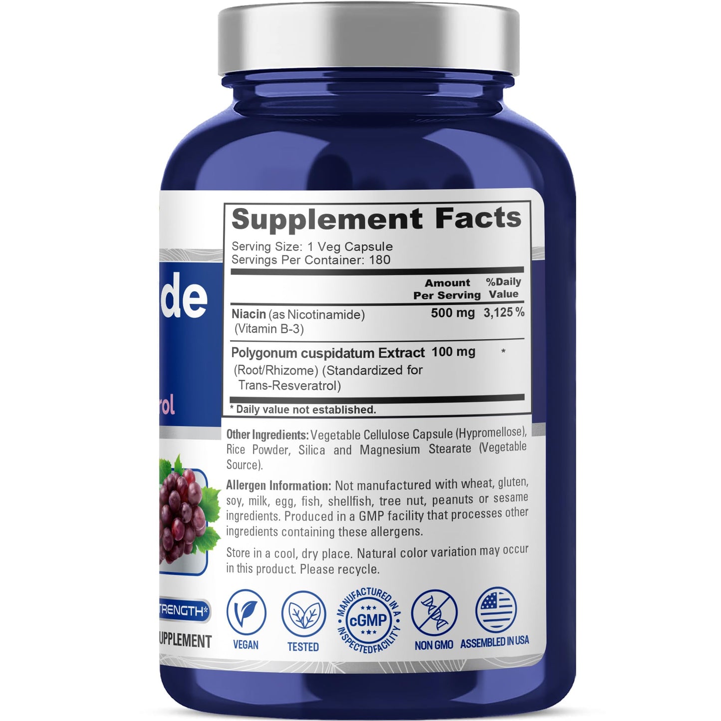 NusaPure Nicotinamide & Vitamin B-3 500mg Capsule, 180 Count