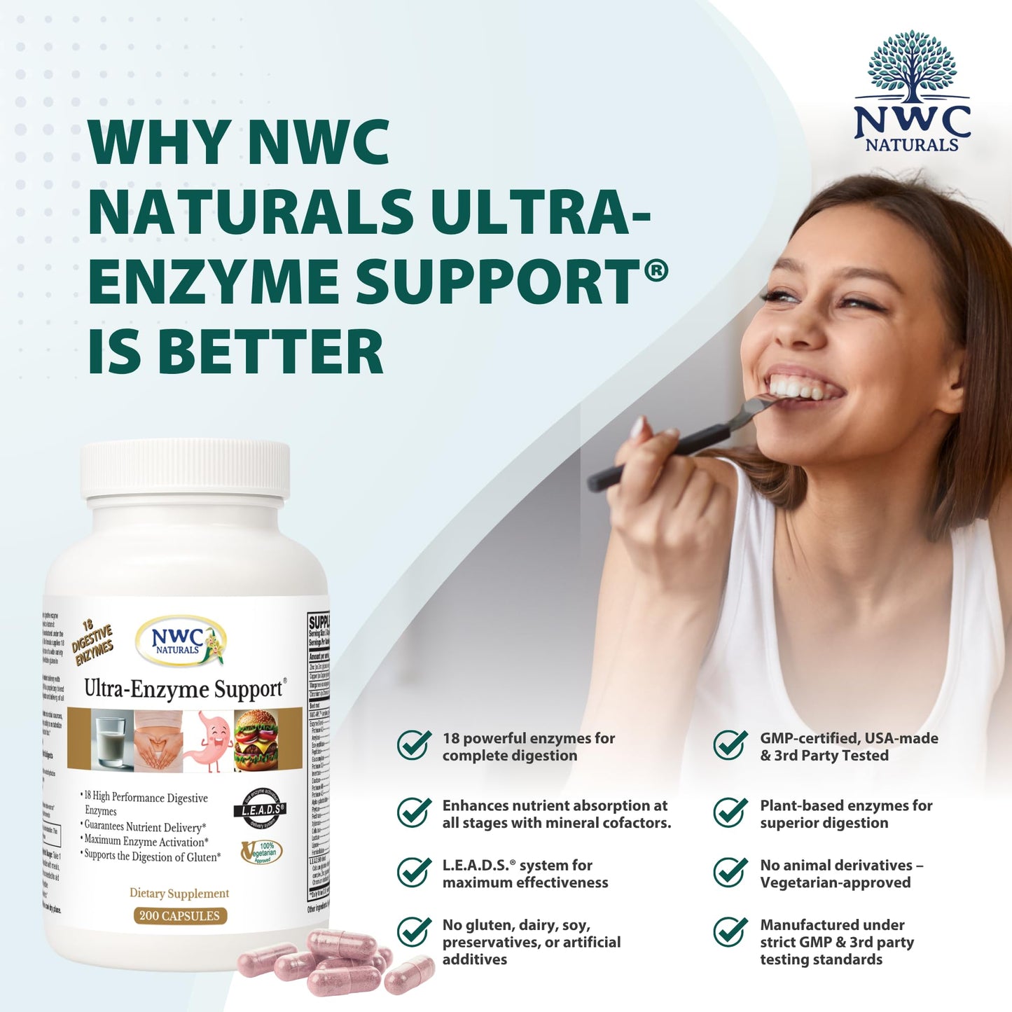 NWC Naturals Ultra-Enzyme Support Digestive Enzyme Supplement Powder 200 Count