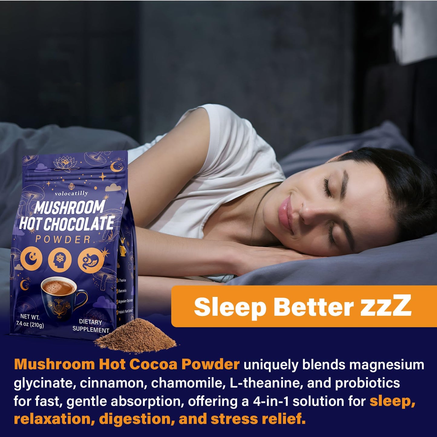 Volocatilly Mushroom Hot Cocoa with Magnesium Glycinate, Reishi, L-Theanine, Ashwagandha, Lemon Balm, Lavender, Organic Cacao Powder Hot Chocolate for Sleep & Relaxation, Vegan Powder 0.24