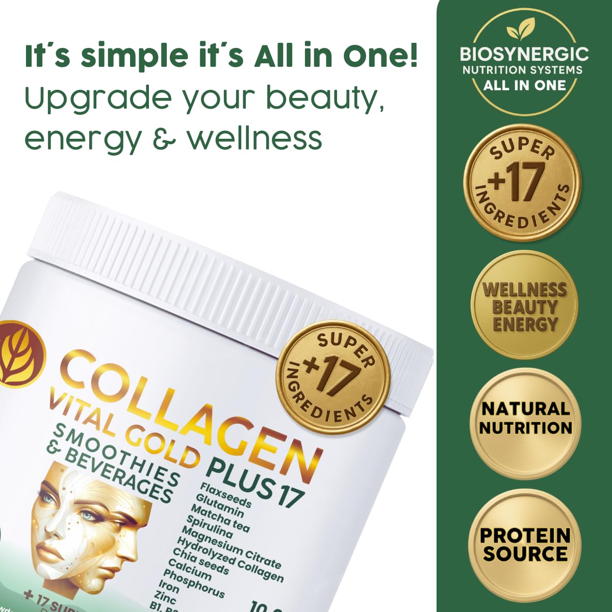 Gold Vital Life Collagen Peptides Powder - Hydrolyzed Collagen with +17 Super Ingredients, Mint & Lemon Flavor, 26 Servings