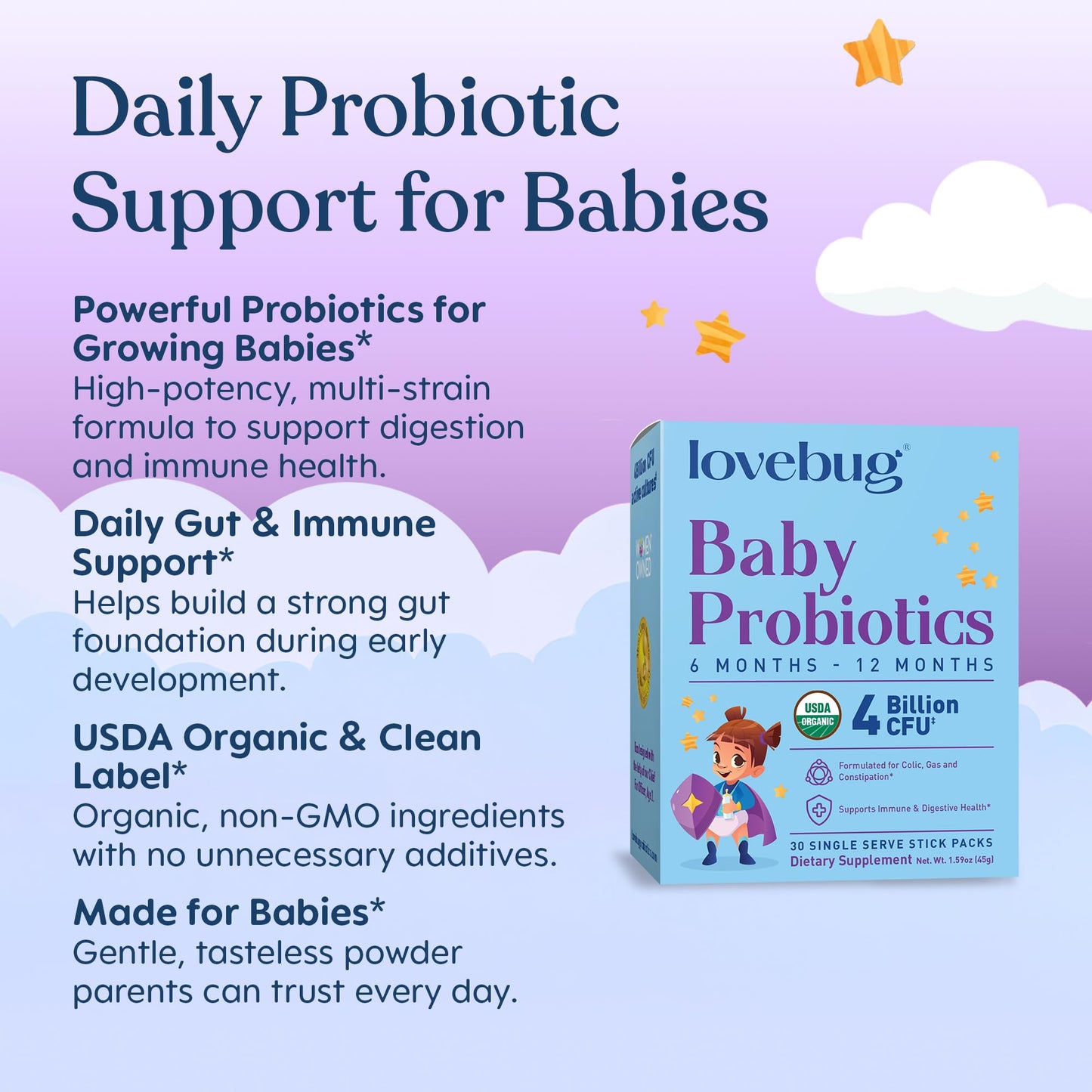 LOVEBUG Award Winning USDA Organic Probiotic for Babies Multi-Strain 4 Billion CFU Powder 1.59 oz