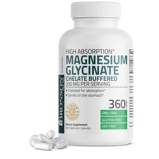 Bronson Magnesium Glycinate 200 MG per Serving Chelated for High Absorption, Gentle On Stomach, Non-GMO, 360 Capsules