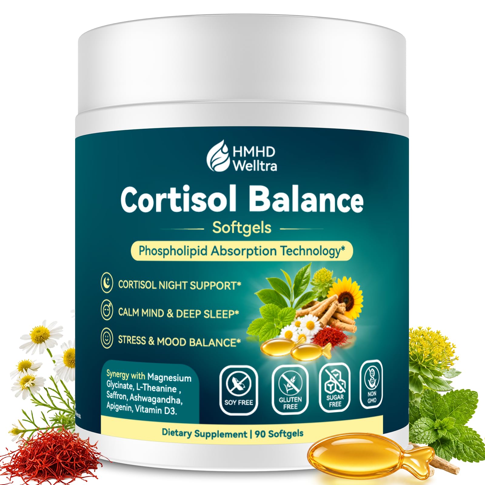 HMHDWelltra Cortisol Supplements for Women and Men, 10-in-1 Cortisol Reducer Detox Manager Softgels with Magnesium L-Theanine Apigenin Saffron Rhodiola, Non-Melatonin Liposomal, 90 Softgels