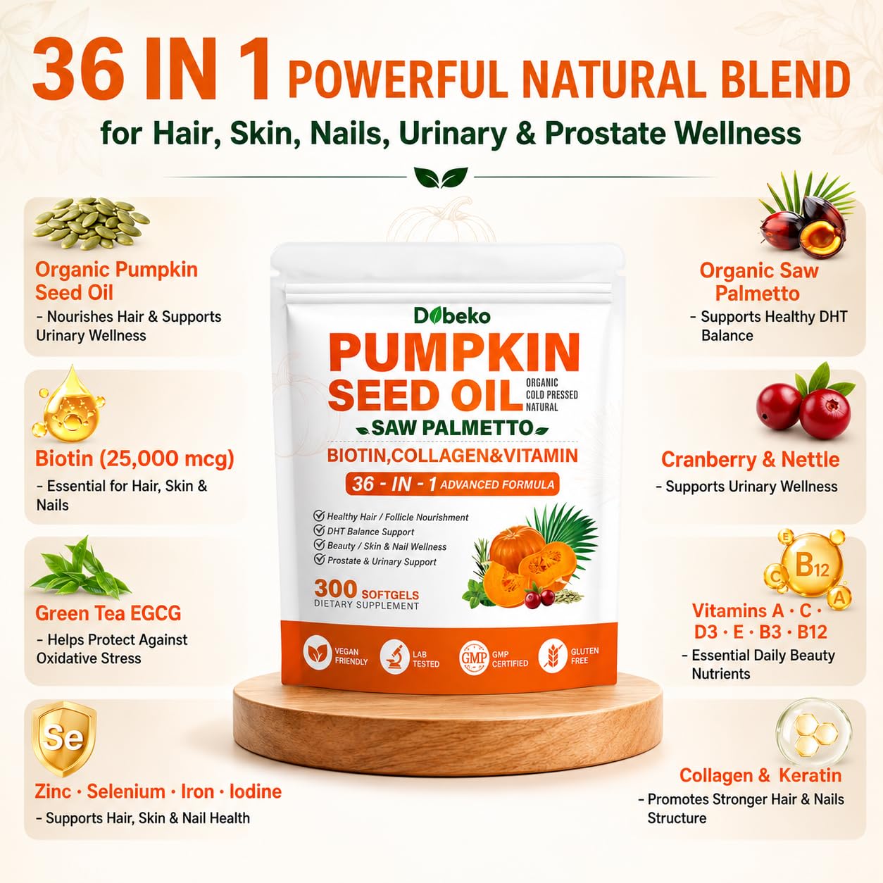Dobeko Pumpkin Seed Oil Capsules with Organic Saw Palmetto for Women & Men, 36-in-1 Hair, Skin & Nails Supplement, 25,000 mcg Biotin, Collagen, Hair & DHT Support, 5400 mg Per Serving, MCT Oil, 300 CT