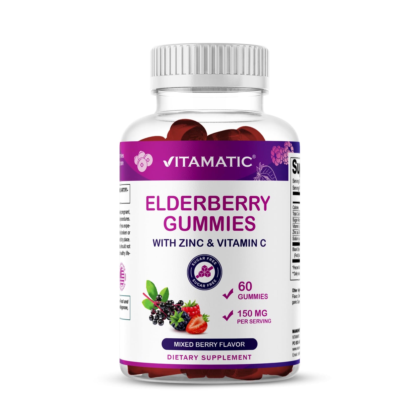 Vitamatic Elderberry Gummies with Vitamin C & Zinc – Immune Support, Gummies, 60 Count