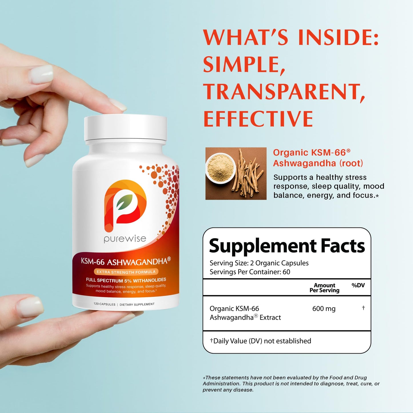 PureWise KSM-66 Ashwagandha 600mg Extra Strength Formula - Stress Relief Supplement for Sleep Support & Mood Support - Organic Full Spectrum 5% Withanolides Capsules, 120 Capsules