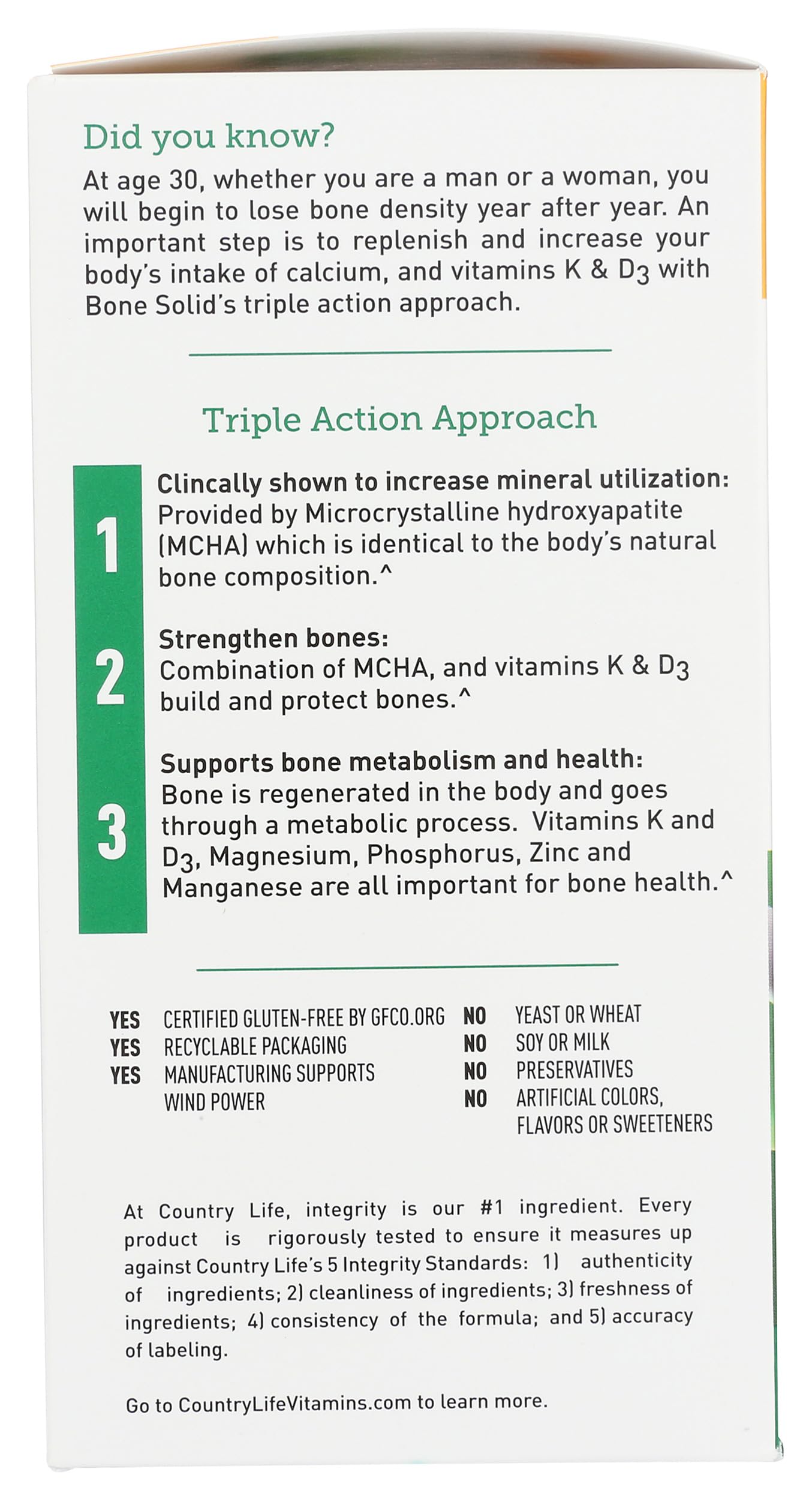 Country Life Bone Solid - Bone Health Supplement with Microcrystalline Hydroxyapatite (MCHA), Calcium, Magnesium, Zinc, Vitamins K2 & D3 for Enhanced Bone Strength & Metabolism, 180 Capsules