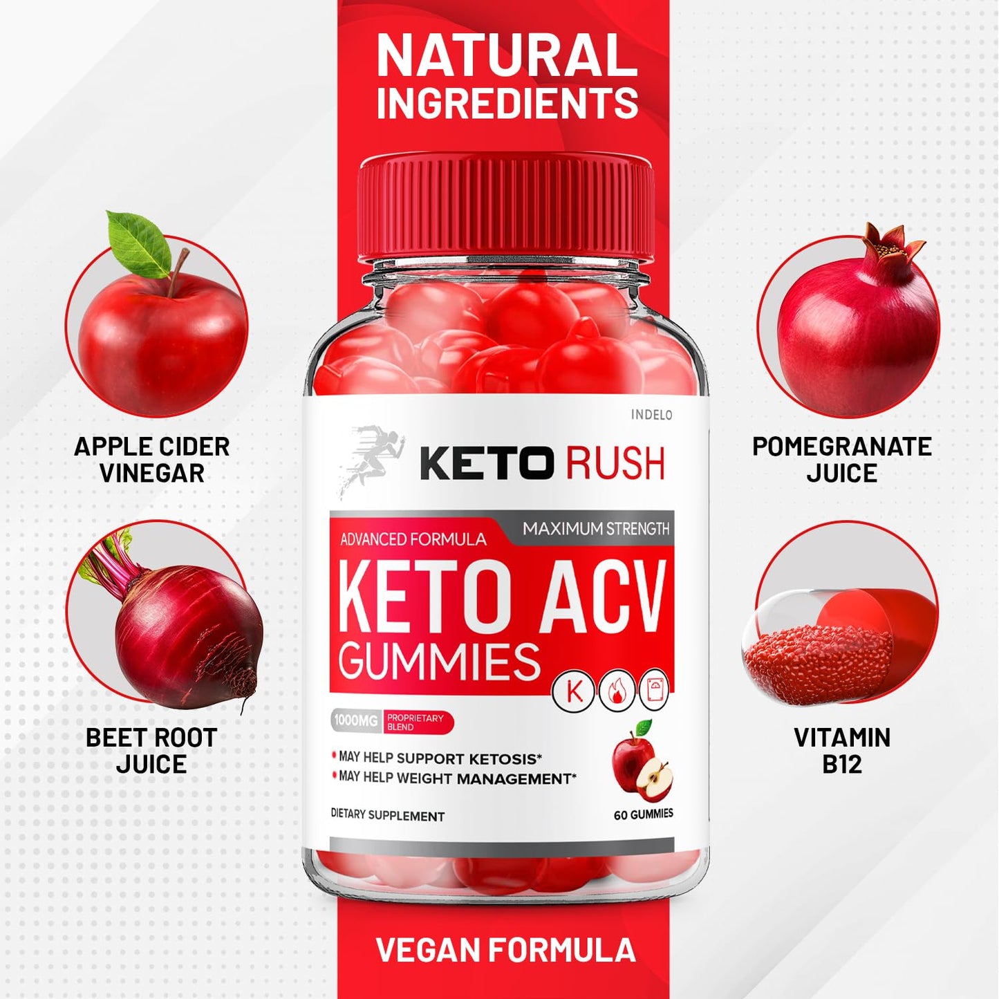 Indelo Keto Rush ACV Gummies Advanced – Apple Cider Vinegar with Vitamin B12, 180 Gummies