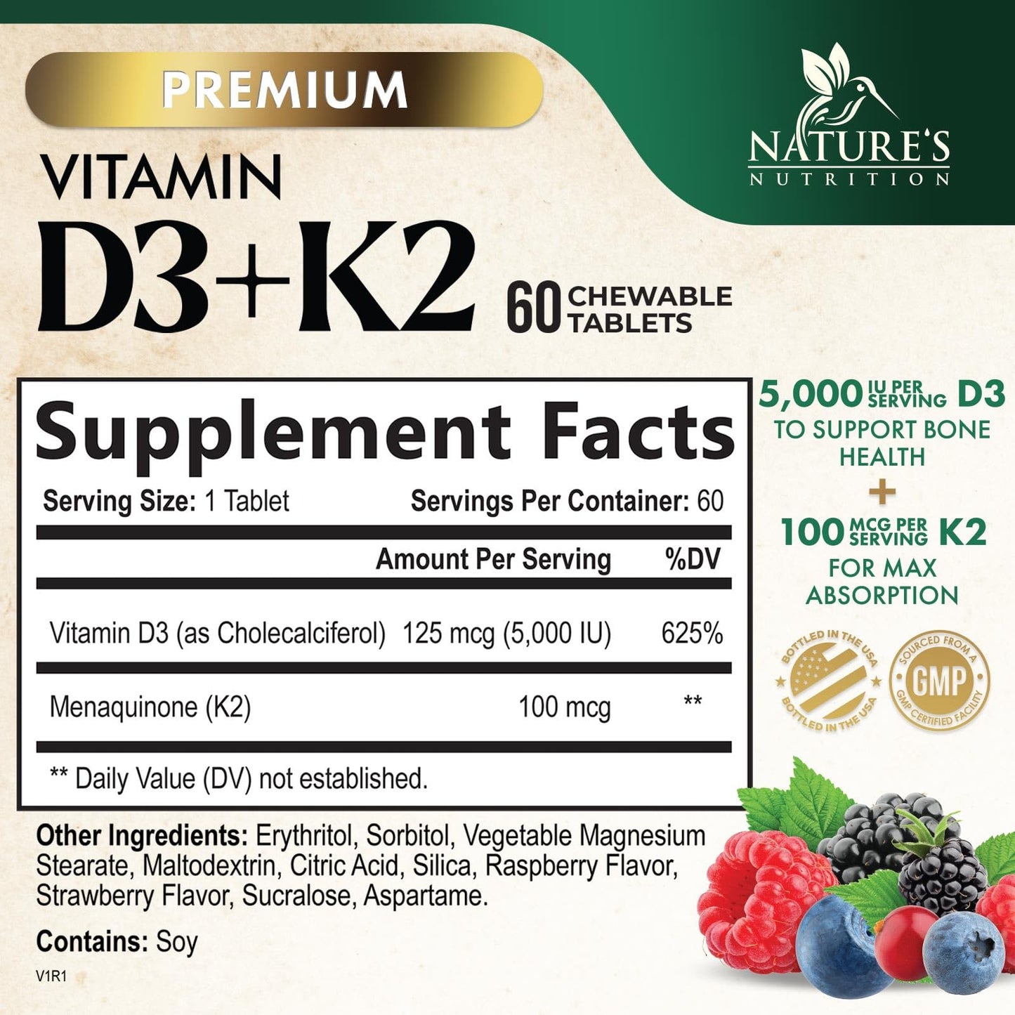 Nature's Nutrition Vitamin D3 K2 Supplement Tablet 60 Tablets