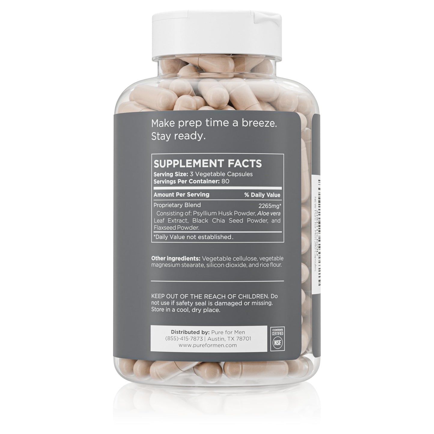 Pure for Men Stay Ready Fiber Supplement Psyllium Husk, 240 Capsules