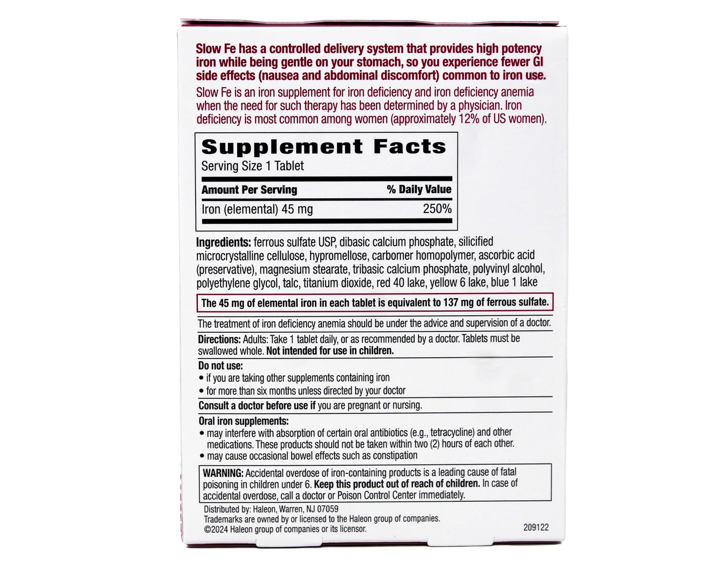 Slow Fe High Potency Iron 45 mg Slow Release Tablets 120 Count