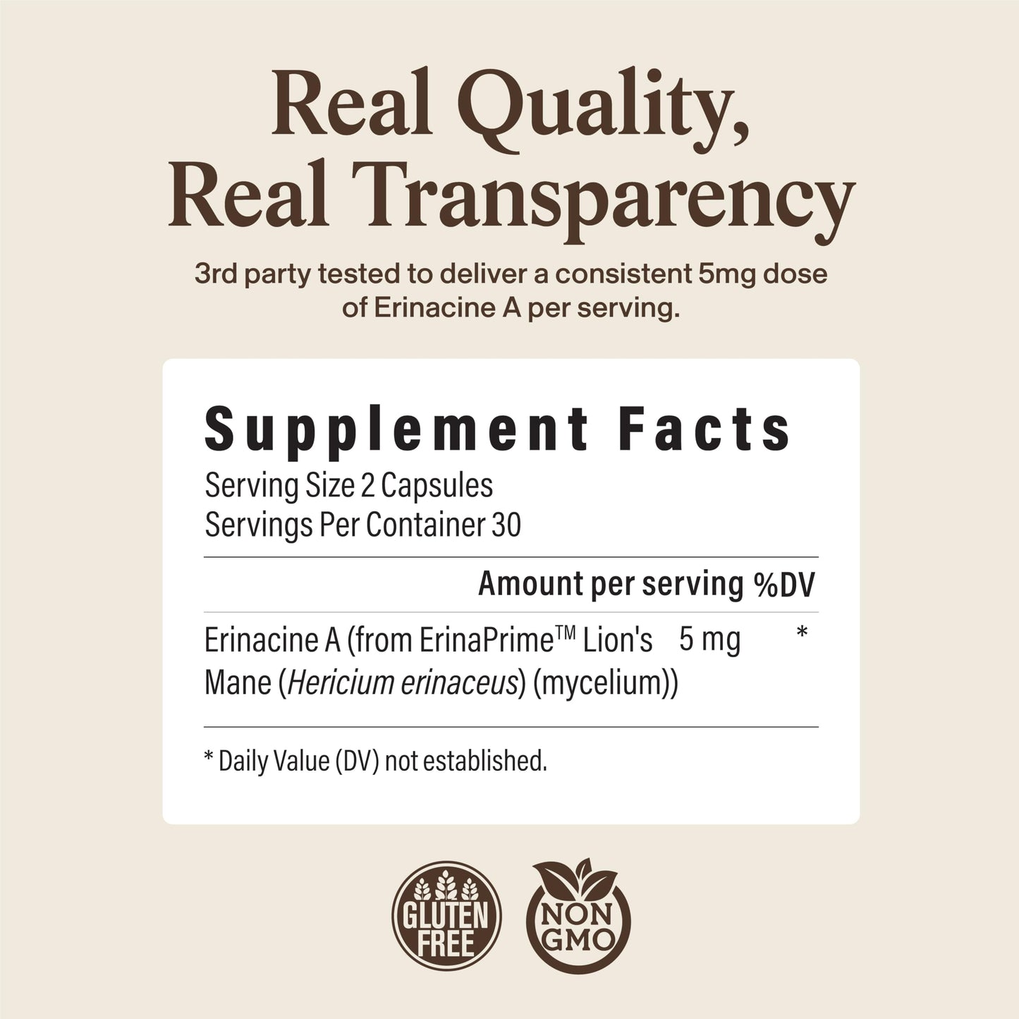 Real Mushrooms Real Mycelium Lion’s Mane Mycelium Capsules with 5mg Erinacine A (ErinaPrime) – Focus, Memory & Mental Clarity – 60 Capsules
