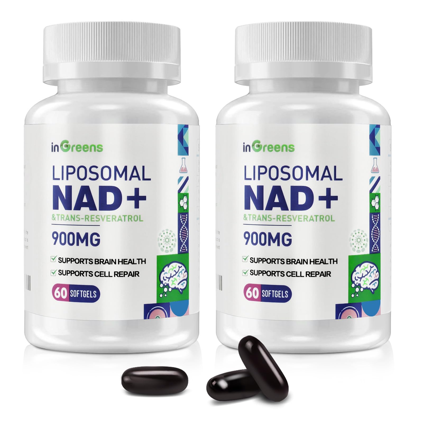 inGreens 900mg Liposomal NAD+ Supplement with 300mg Trans-Resveratrol, 120 Softgels