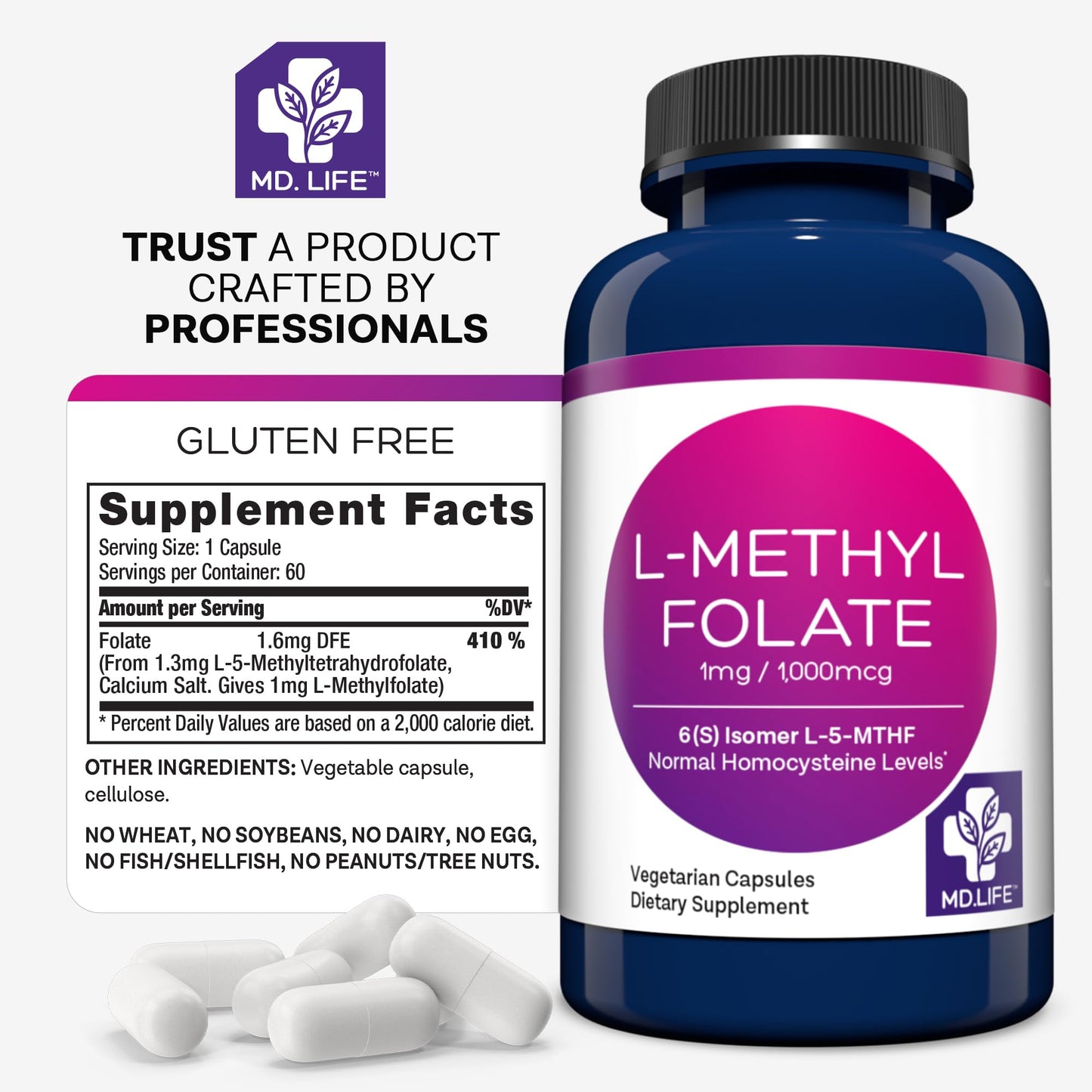 MD.LIFE L-Methylfolate 1 mg Capsules, 30 Count