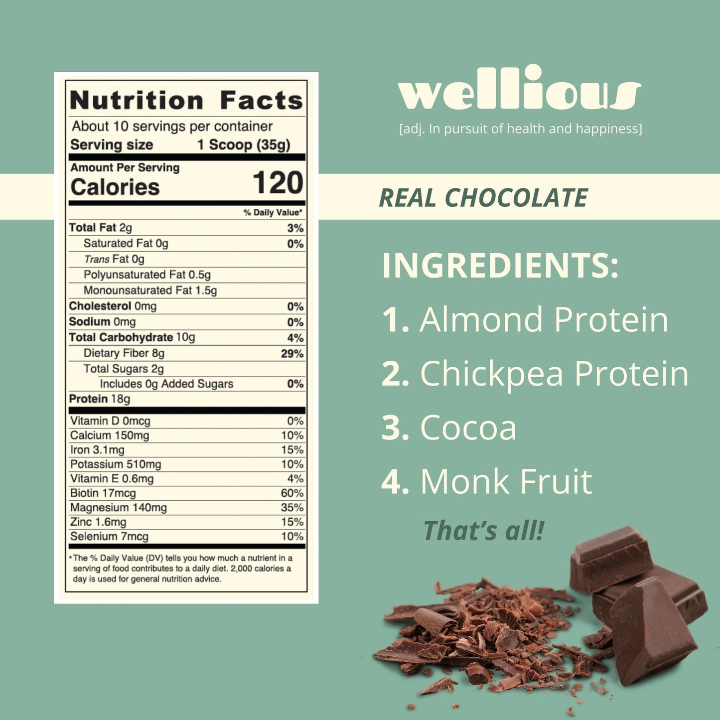 wellious Almond Protein Powder 3-Pack (Vanilla, Chocolate, Unflavored) - 18 g Vegan Protein Powder - Gluten-Free, Soy-Free