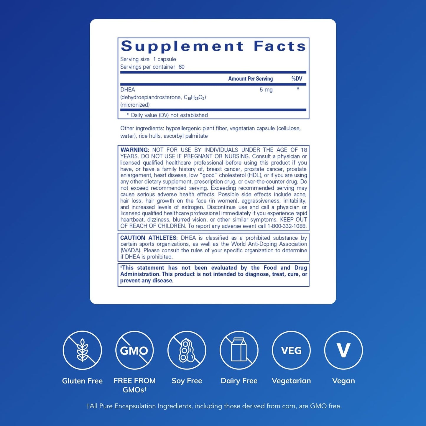 Pure Encapsulations DHEA 5 mg Immune Support & Hormone Balance Micronized Gluten Free & Vegan 60 Capsules
