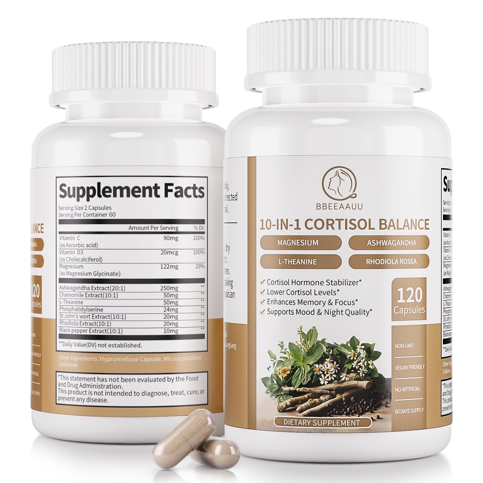 BBEEAAUU 10-in-1 Cortisol Manager with Ashwagandha Capsules 240