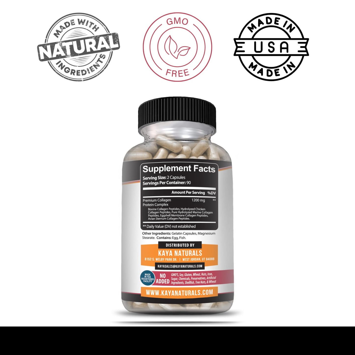 Kaya Naturals Multi Collagen Peptides Complex for Women and Men, Types I, II, III, V & X Capsules, 180 Count