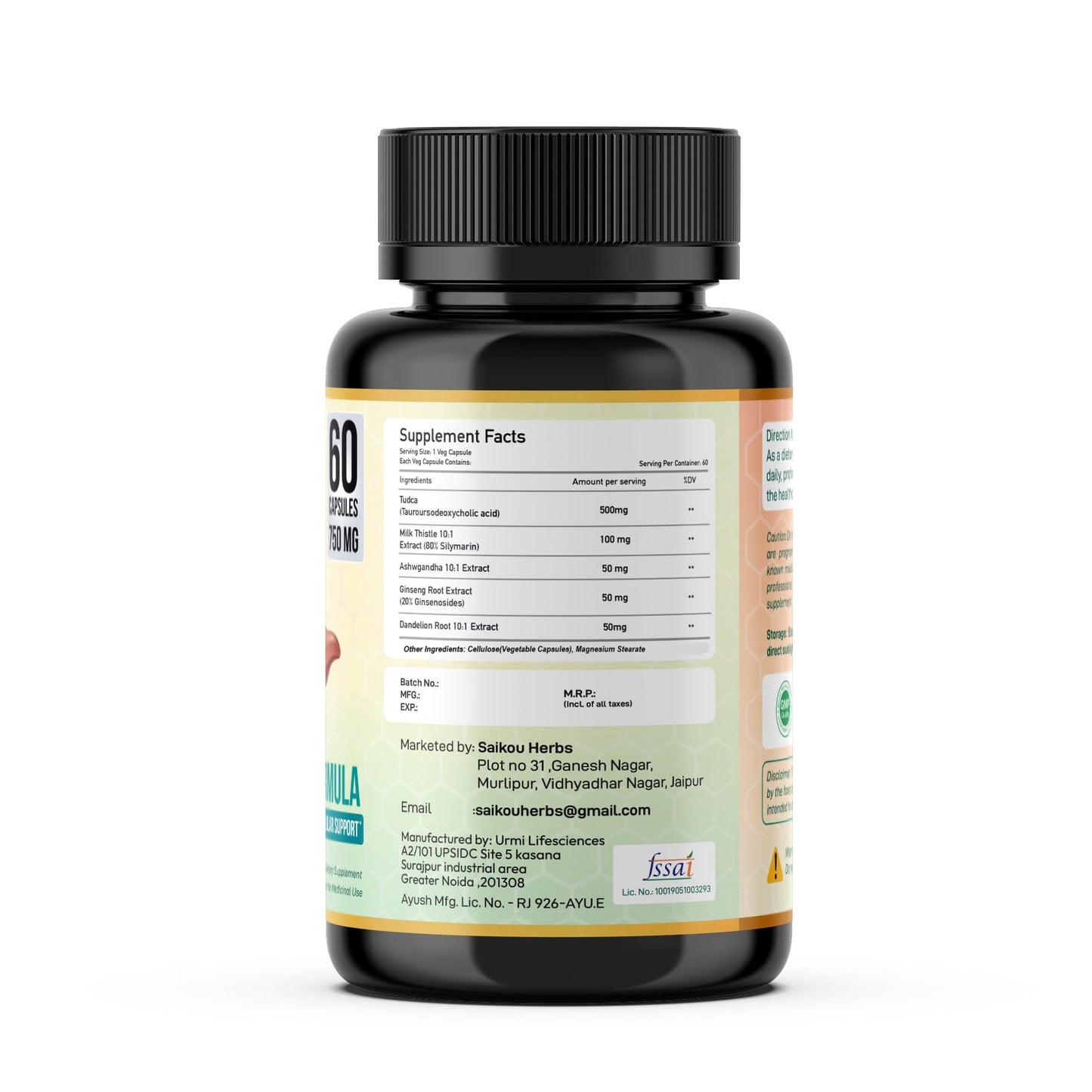 SAIKOU HERBS TUDCA (Tauroursodeoxycholic Acid) 750mg - 5 in 1 with Milk Thistle, Ashwagandha, Dandelion and Ginseng Capsule 60 Count