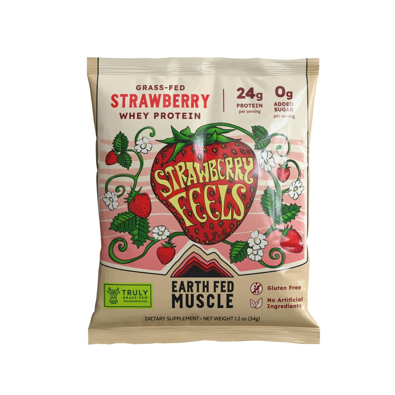 Earth Fed Muscle Whey Back Irish Grass Fed Whey Protein Isolate, Single-Serve Packet, Strawberry Feels Forever, 1.2 oz