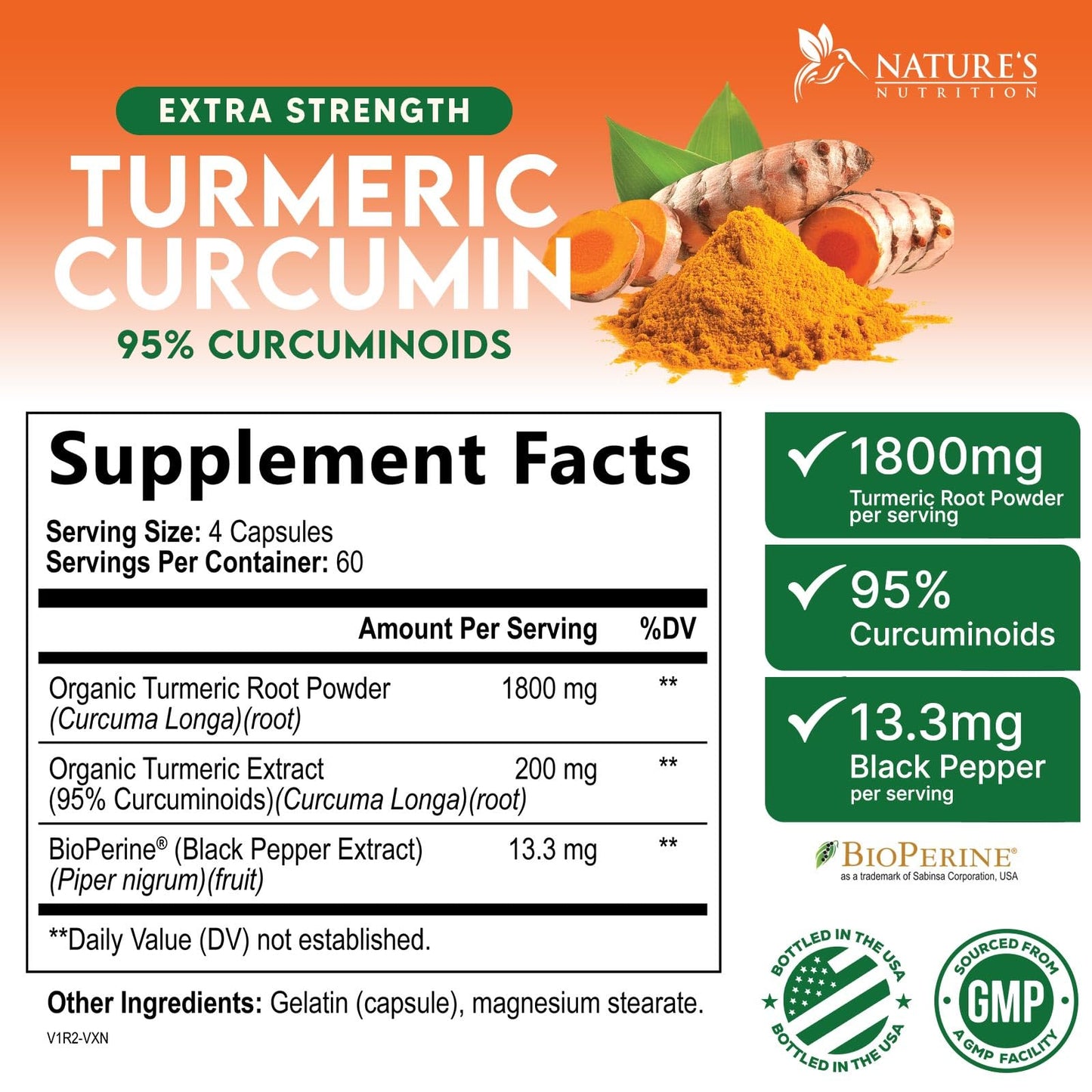 Nature's Nutrition Turmeric Curcumin Supplement 1800mg Organic Turmeric Per Serving 95% Curcuminoids & BioPerine Black Pepper Extract for Best Absorption Natural Vegan Joint Support, 240 Capsules