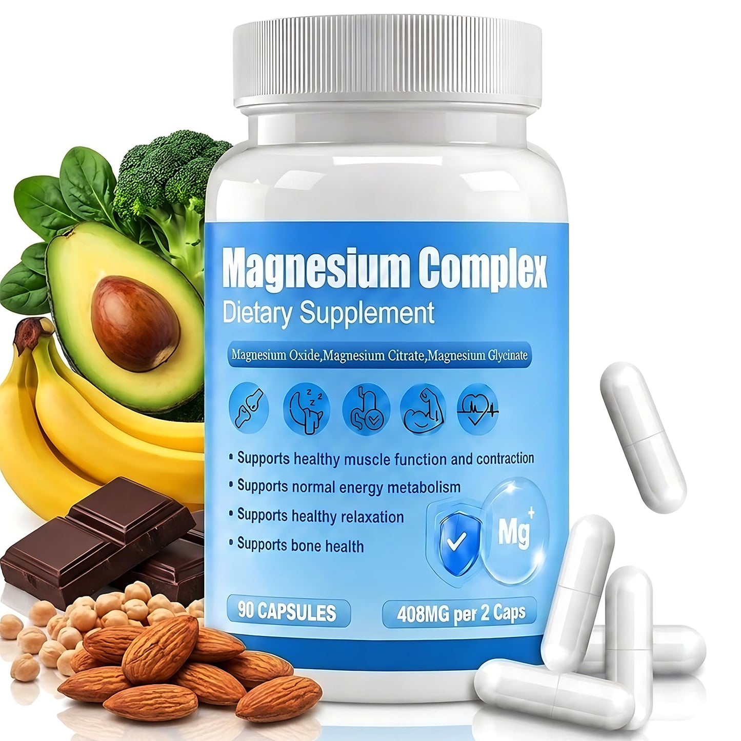 Dyeazirn Magnesium Complex for Women & Men, Magnesium Glycinate Oxide Citrate Capsules, 90 Count
