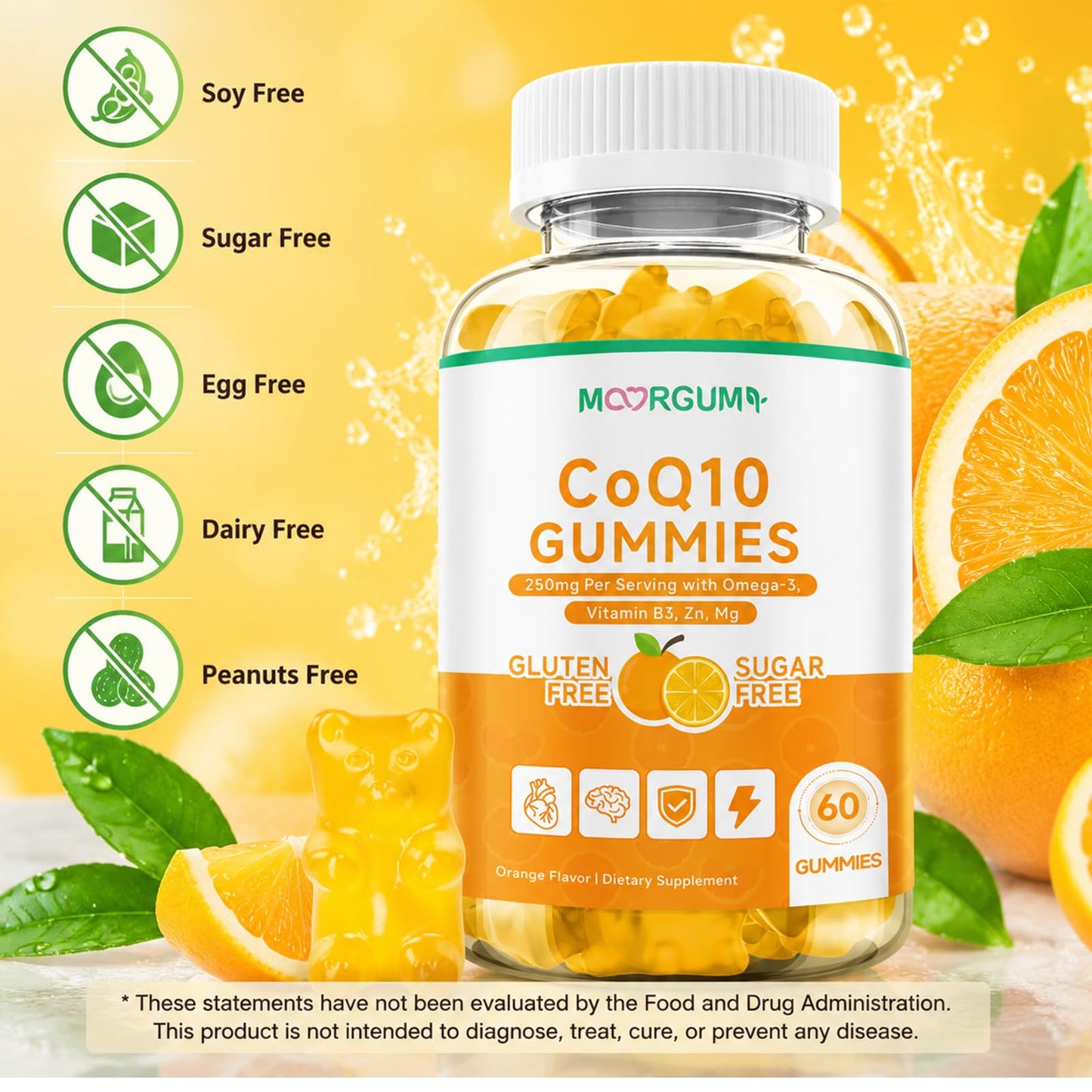 MOORGUMY CoQ10 Gummies 250mg High Absorption Coenzyme Q10 with Omega-3, Vitamin B3, Zinc, Magnesium, Supports Heart Health, Cellular Energy & Antioxidant, Vegan, Non-GMO, Orange Flavor, 60 Count