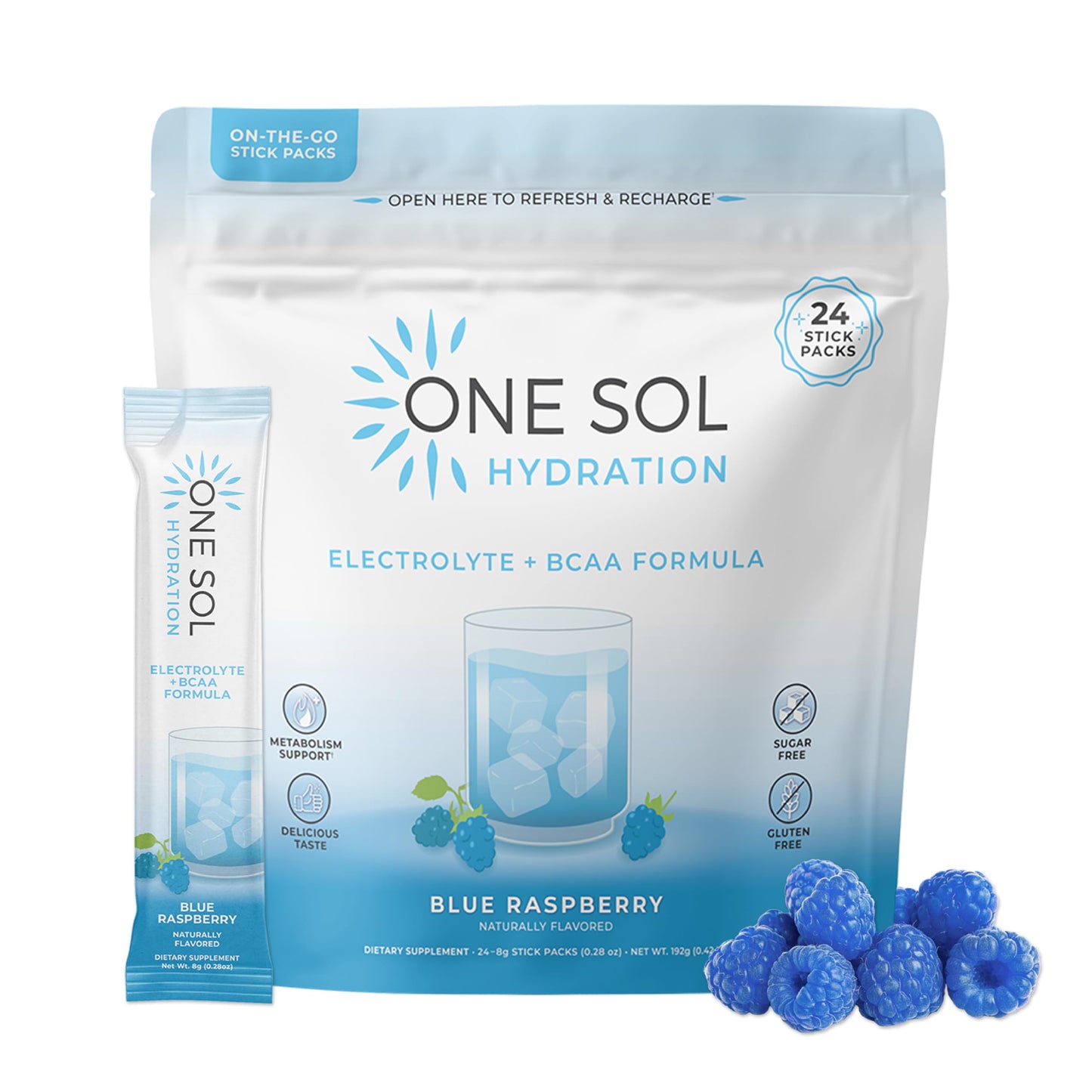 One Sol BCAA & Electrolyte Powder for Hydration & Energy, Natural Blue Raspberry Flavor, 7.68 Ounce