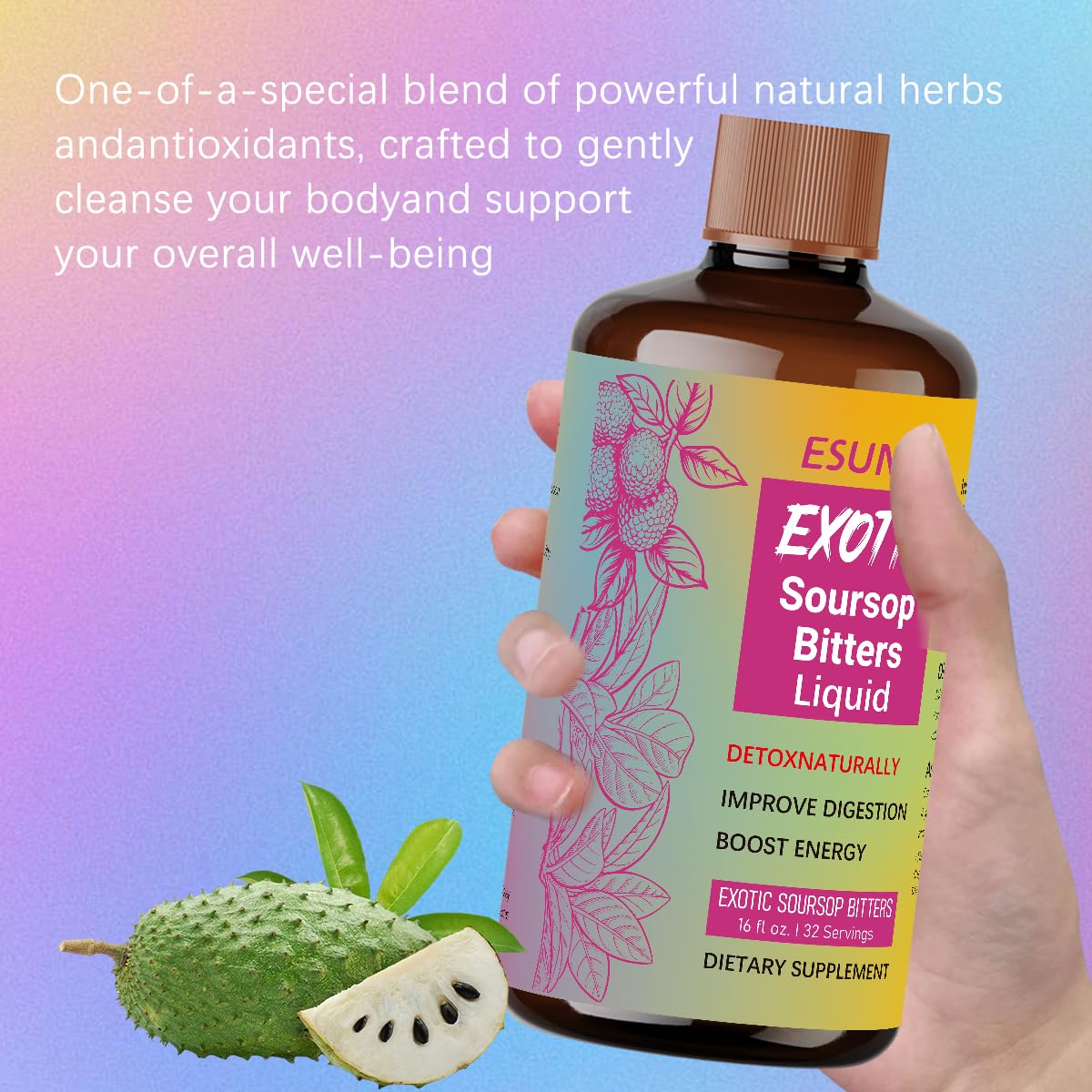 ESUNM Herbal Detox Soursop Bitters Berry-Infused Detox Tonic with Black Seed, Moringa, Irish Moss & Ginger 100% Natural 32 Capsules