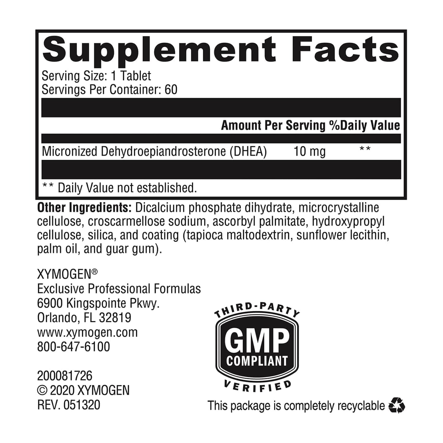 XYMOGEN DHEA Micronized 10 mg Dehydroepiandrosterone Androgen and Estrogen Support, 60 Tablets