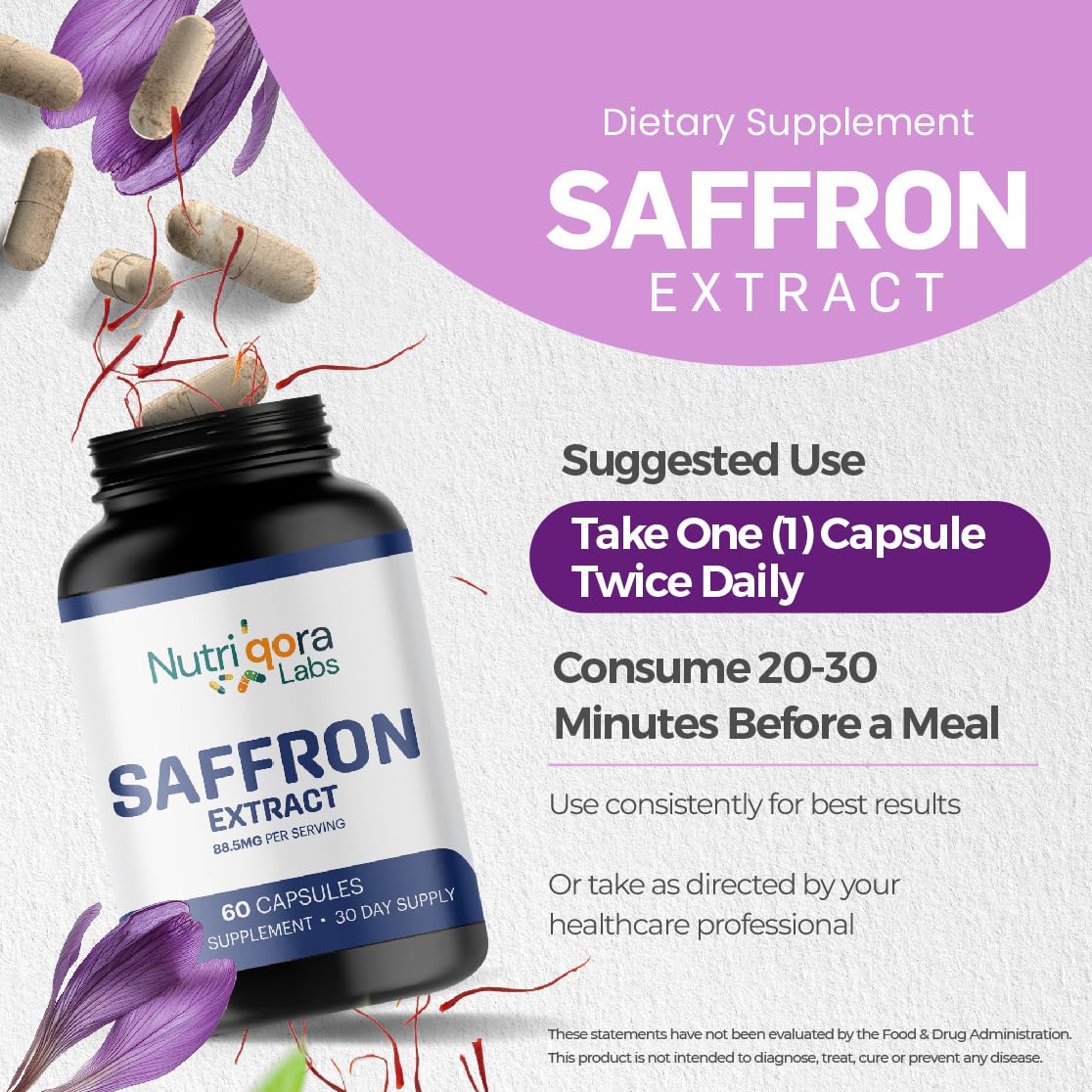 NUTRIQORA LABS Saffron Supplements Capsules 60 Count