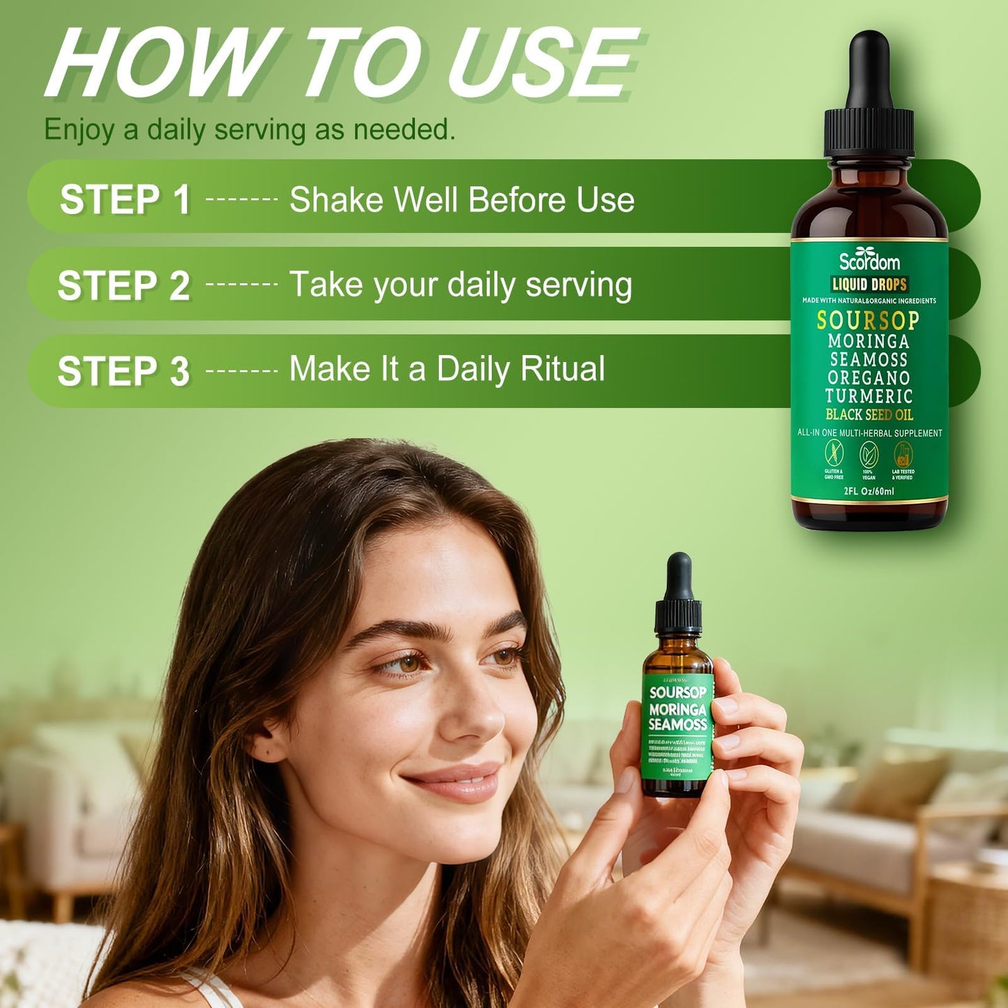 SCORDOM Soursop Bitters 10-in-1 with Sea Moss, Turmeric, Moringa, Black Seed Oil, Oregano, Ashwagandha & Herbal Extracts Capsule 1 Count