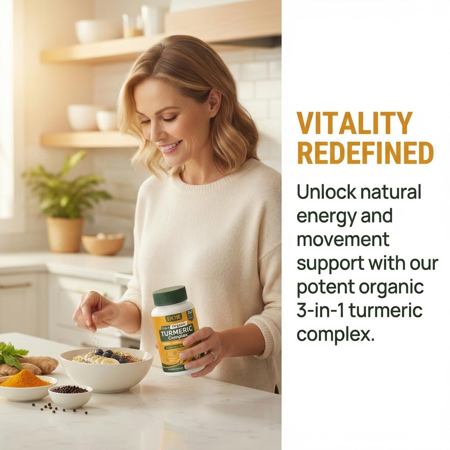 DOK Turmeric Organic 3-in-1 Complex Turmeric Curcumin Supplement with Black Pepper & Ginger 2250mg Daily Support, Vegan, Non-GMO, 120 Capsules