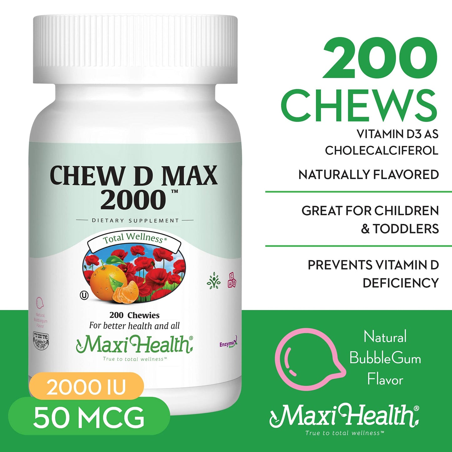 Maxi Health Vitamin D3 2000 IU Chewable Supplement, 200 Chews