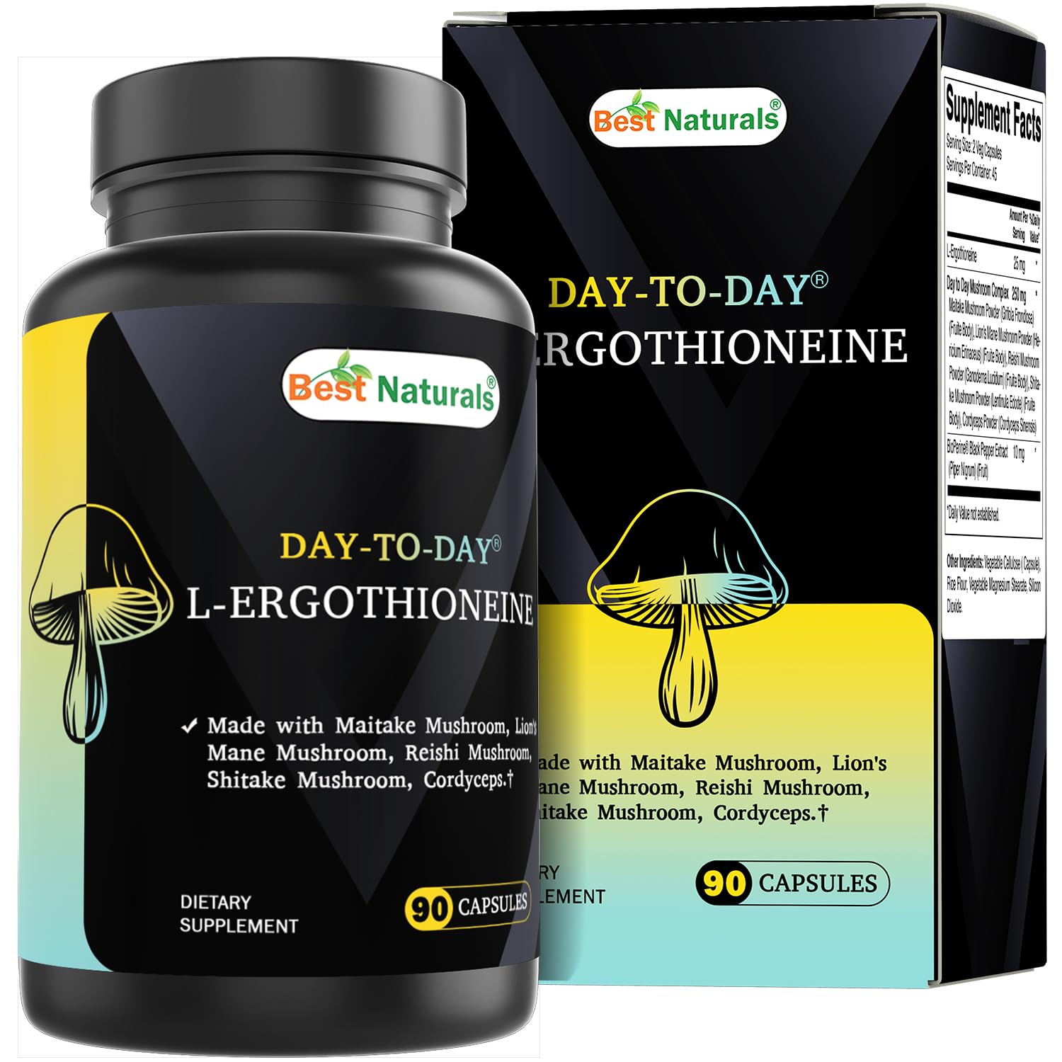 Best Naturals Day-to-Day L-Ergothioneine 25 mg with Maitake Mushroom, Lion's Mane Mushroom, Reishi Mushroom Capsules, 90 Count