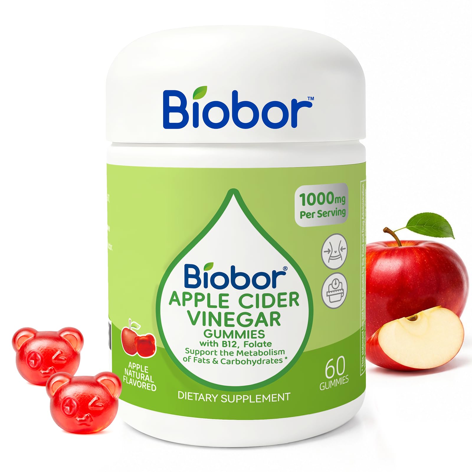 Biobor Apple Cider Vinegar Gummies 1000 mg with Vitamin B12, 60 Gummies