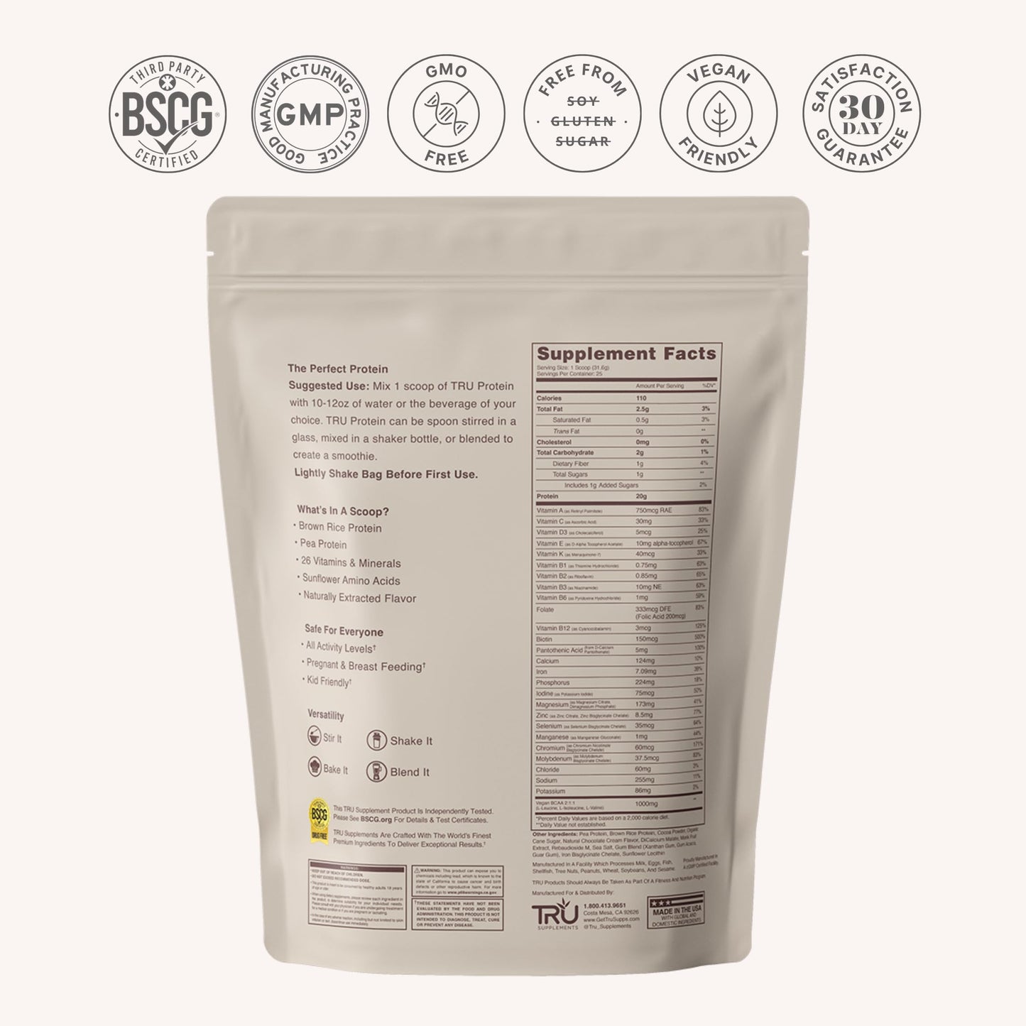 TRU Supplements Plant Based Protein Powder Brown Rice & Pea Protein, 26.5 Servings