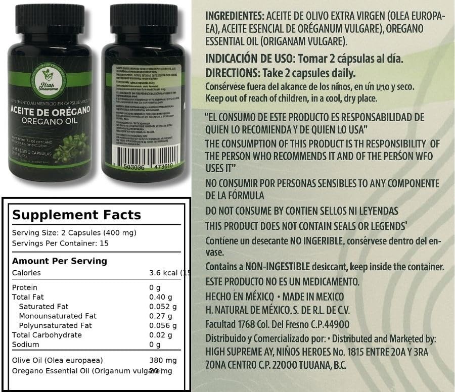 HIGH SUPREME Oregano Oil Capsules, 60 Count, Non-GMO