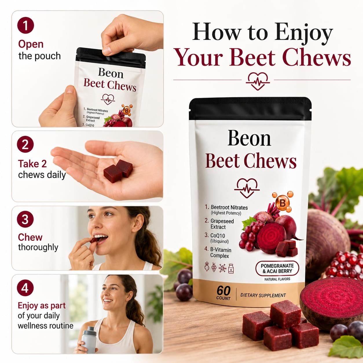 puyode Beon Beet Chews Gummies with Grape Seed & L-CoQ10 for Calm Mood, Free Vegan, 60 Chews