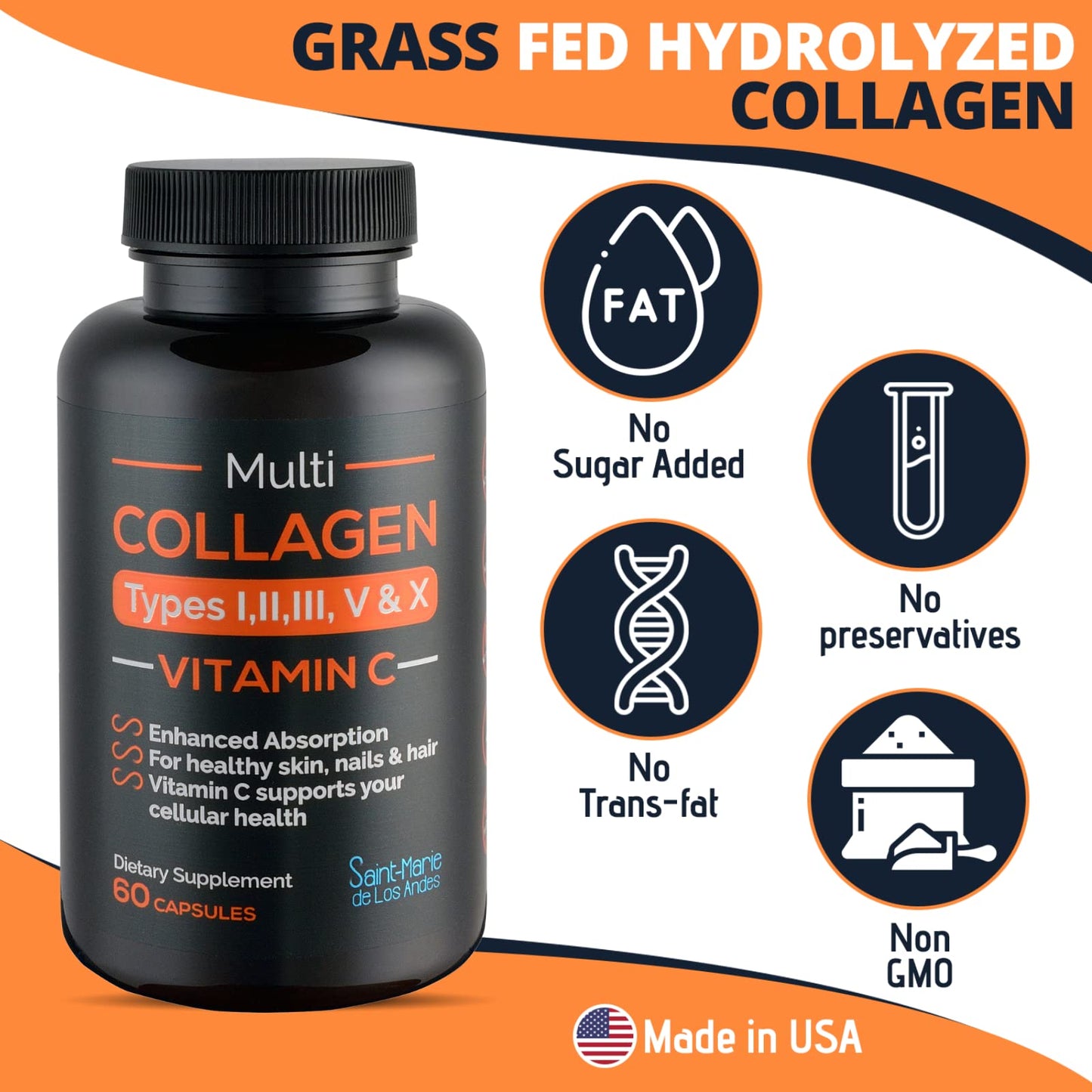 Saint-Marie de los Andes Multi Collagen Pills (Types I, II, III, V & X) + Vitamin C + Absorption Enhancer, Capsule, 60 Count