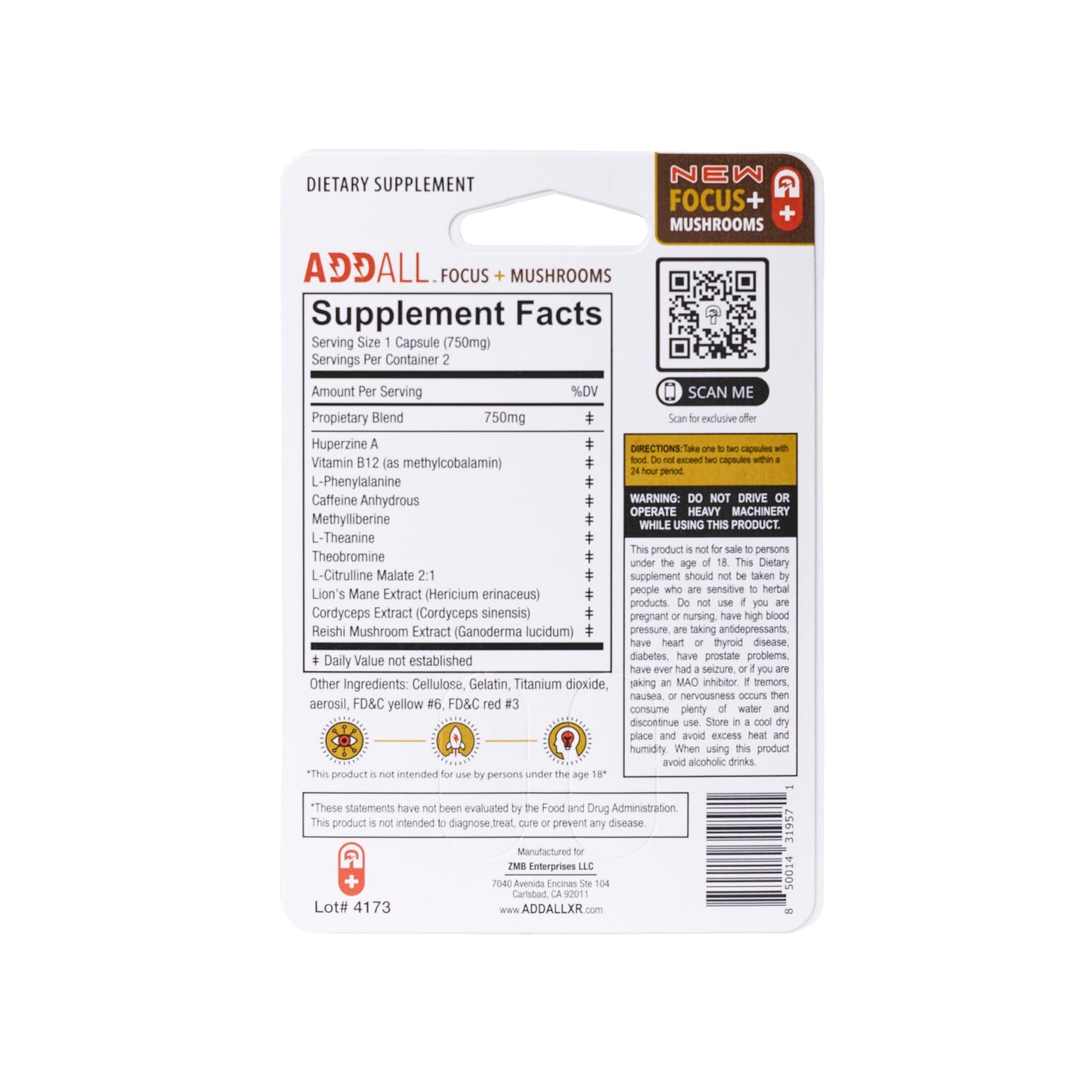 Addall Focus + Mushrooms Memory Supplement 24 Capsules