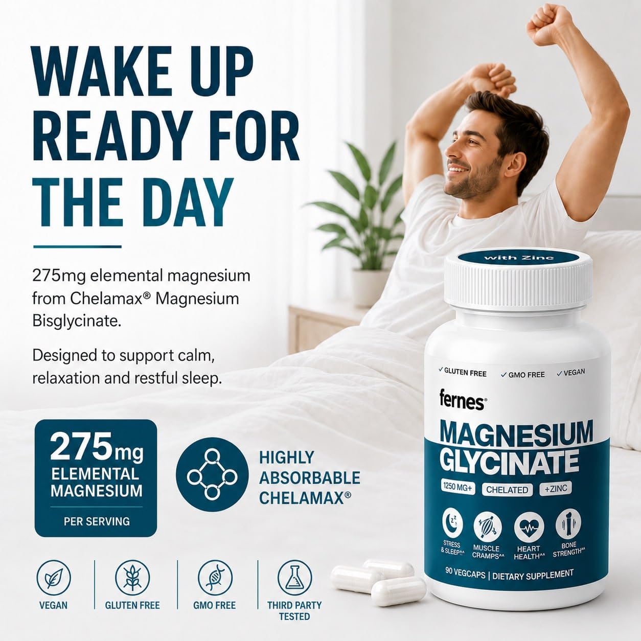 Fernes Magnesium Glycinate with Zinc, 275mg Elemental Magnesium + 8mg Zinc, 90 Capsules